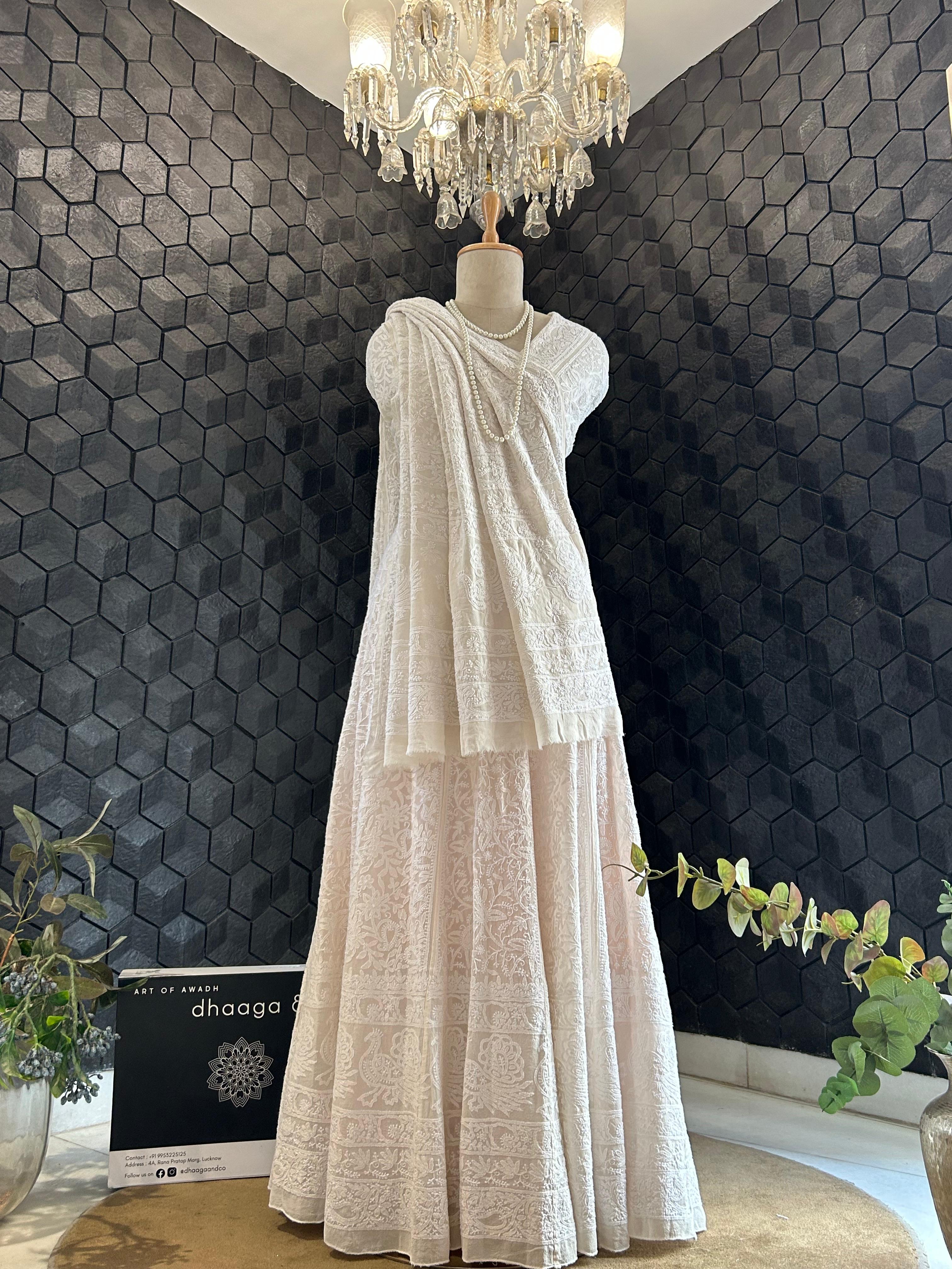 White Georgette ek-taar chikankari lehenga set