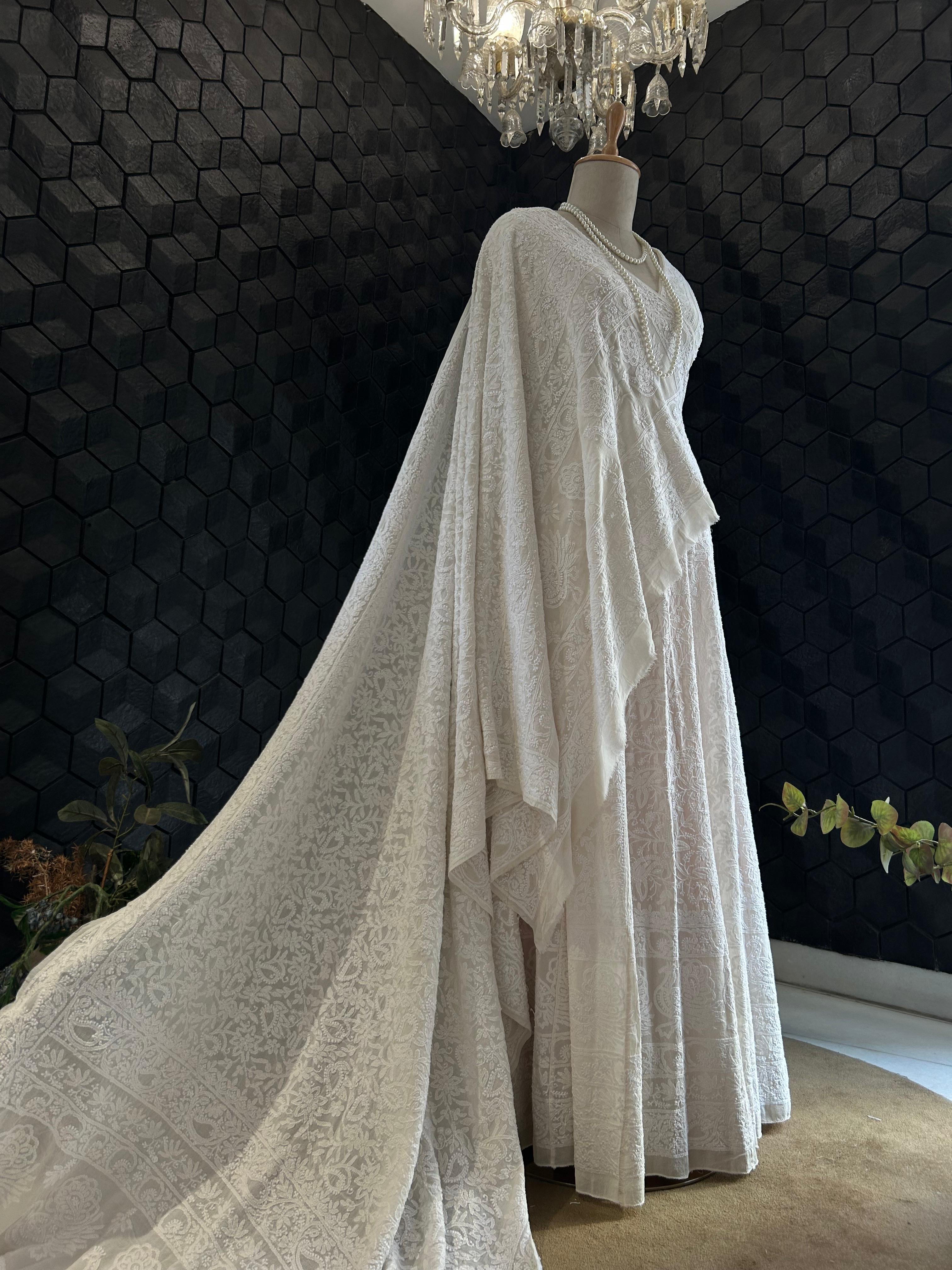 White Georgette ek-taar chikankari lehenga set