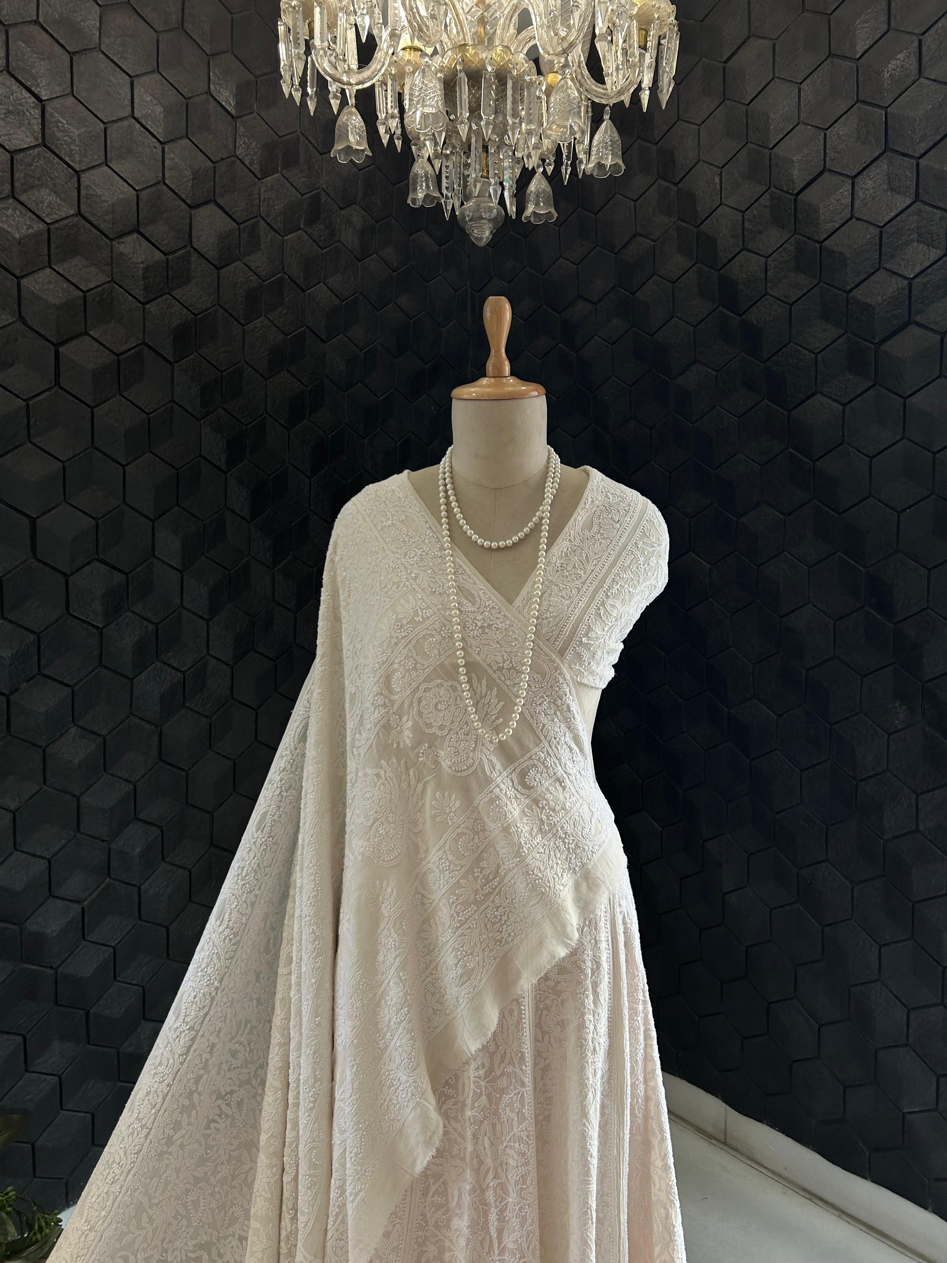 White Georgette ek-taar chikankari lehenga set