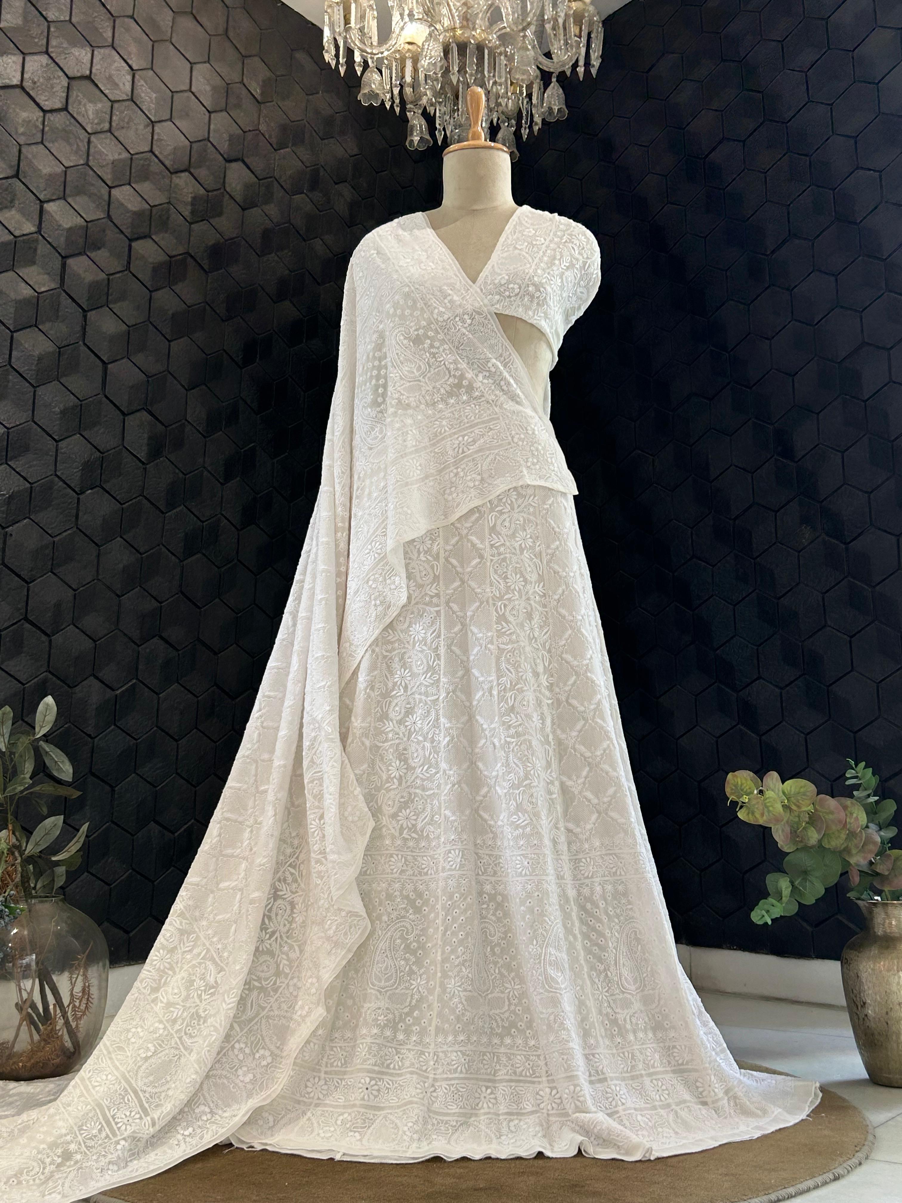 White Georgette ek - taar chikankari lehenga set