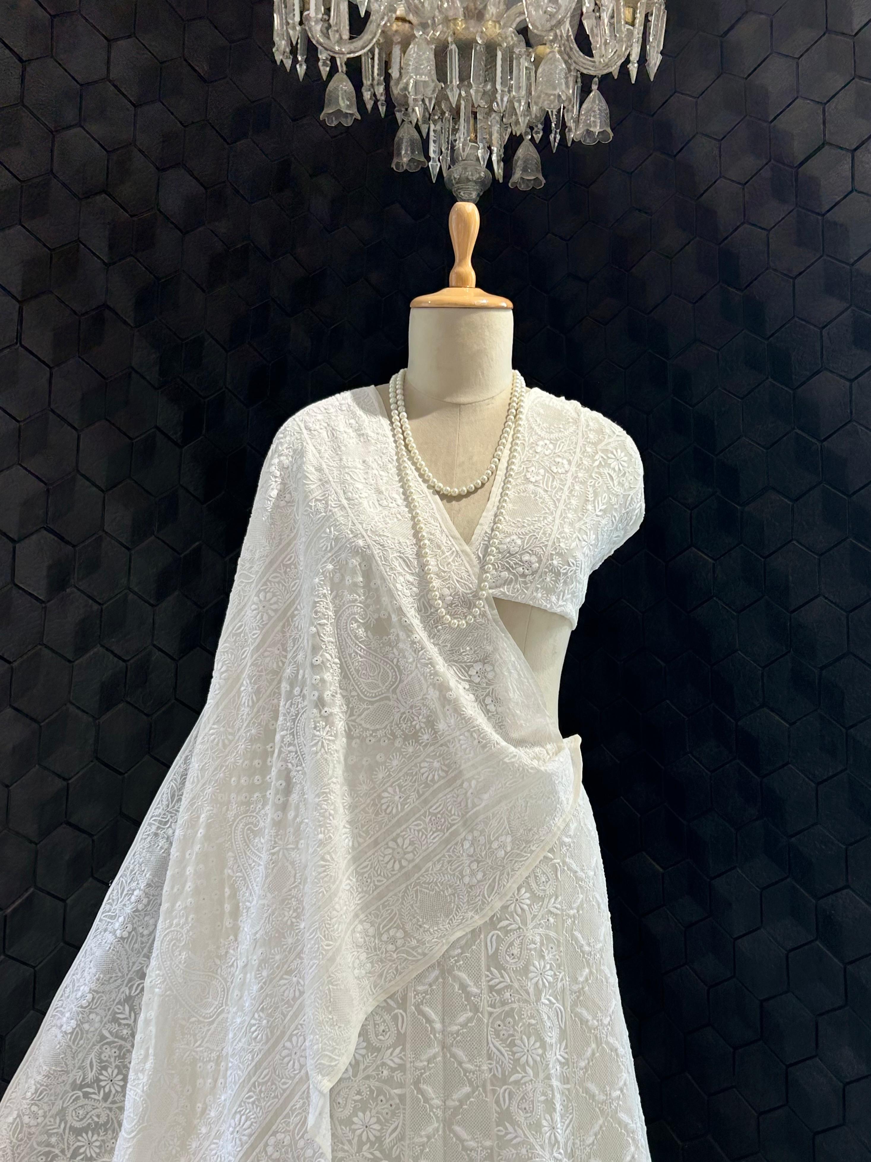 White Georgette ek - taar chikankari lehenga set