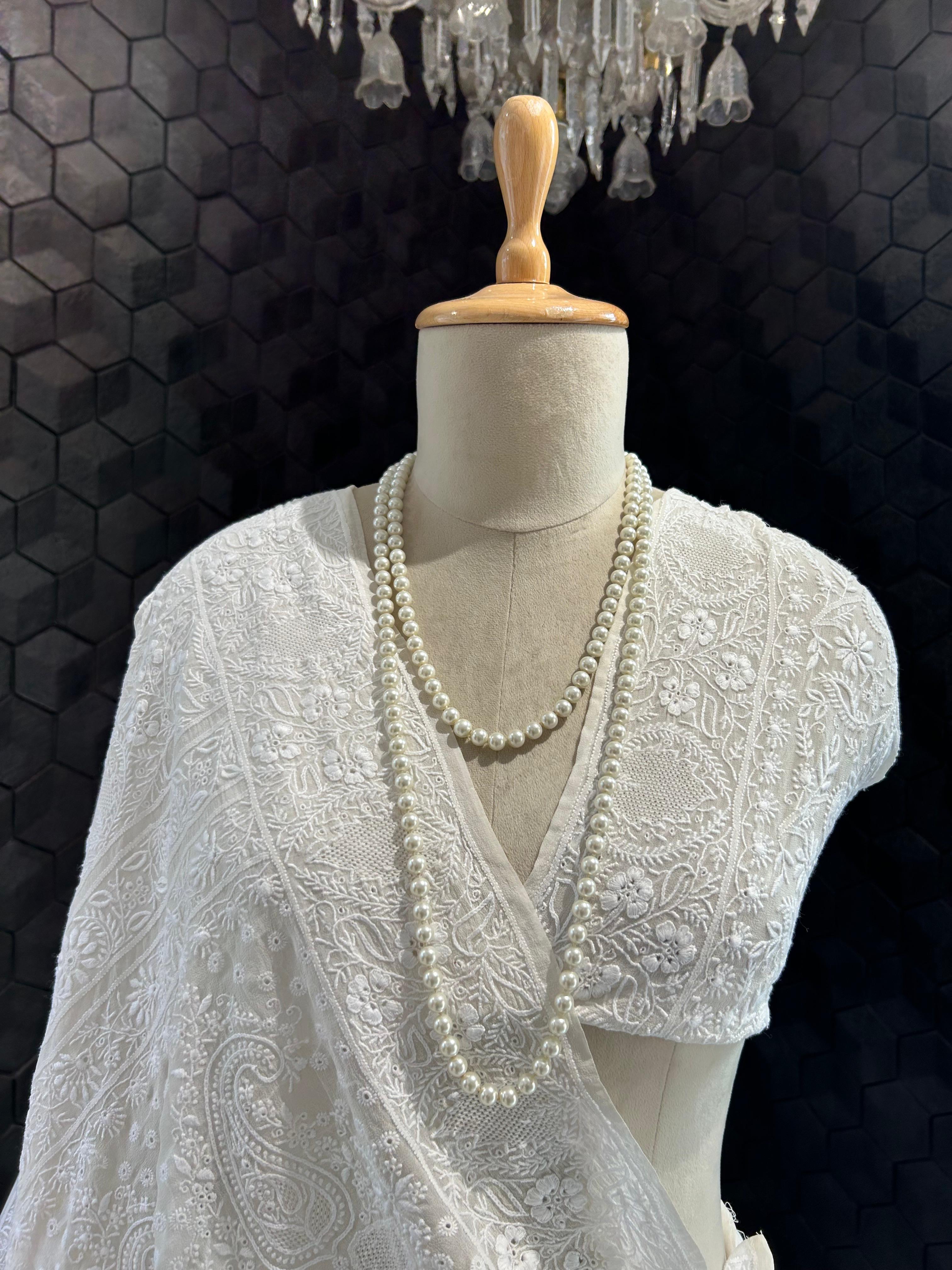 White Georgette ek - taar chikankari lehenga set