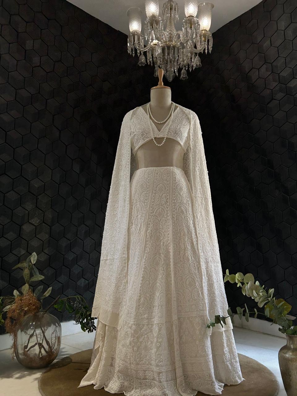 White georgette ek-taar chikankari lehenga set