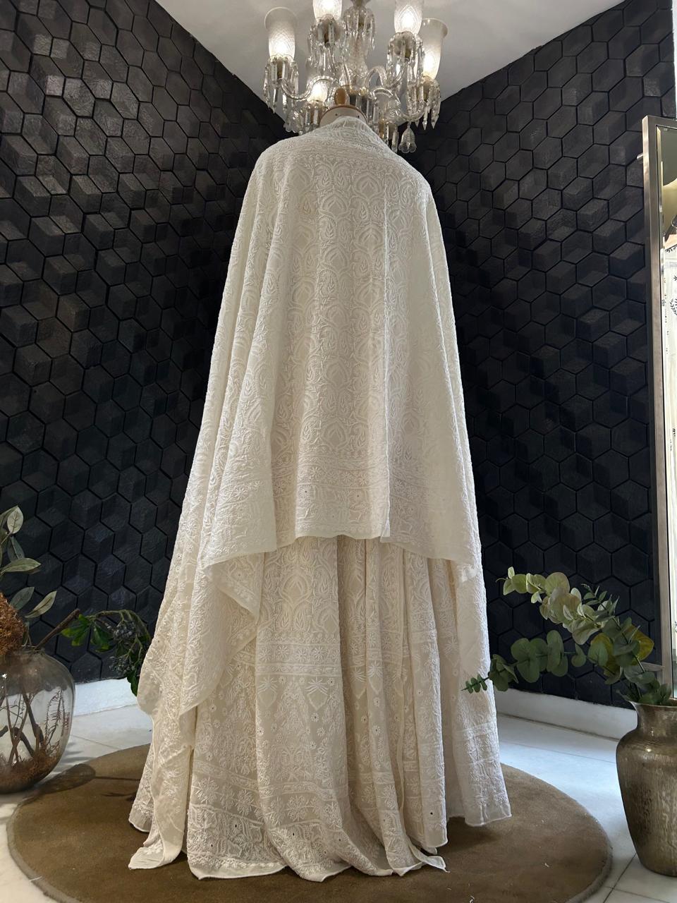 White georgette ek-taar chikankari lehenga set