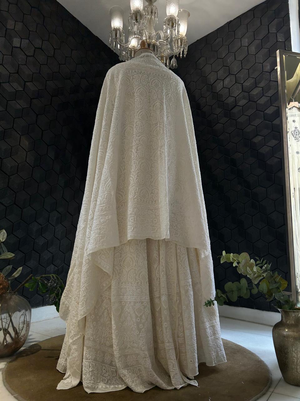 White georgette ek-taar chikankari lehenga set