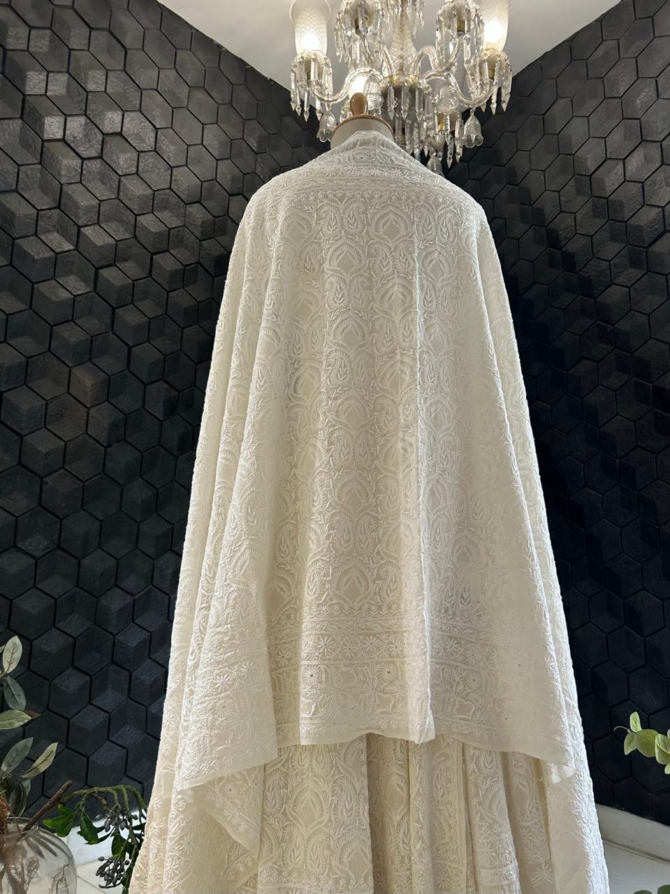 White georgette ek-taar chikankari lehenga set