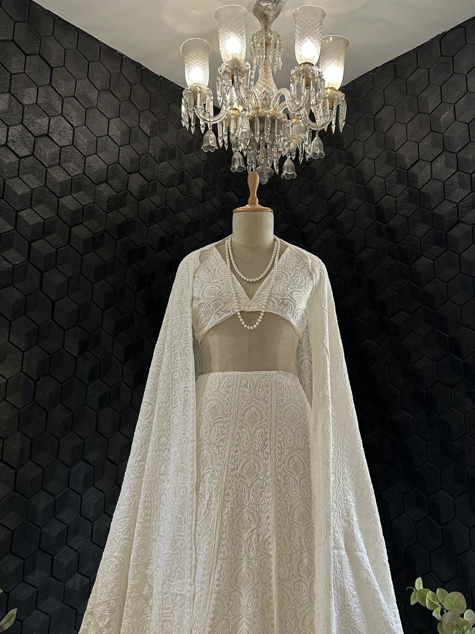 White georgette ek-taar chikankari lehenga set