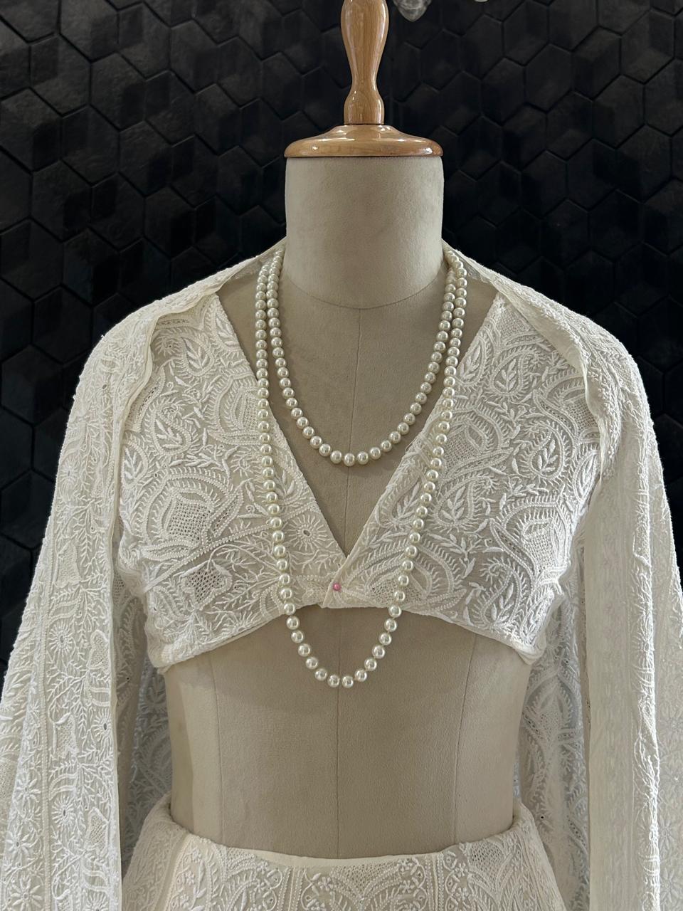 White georgette ek-taar chikankari lehenga set