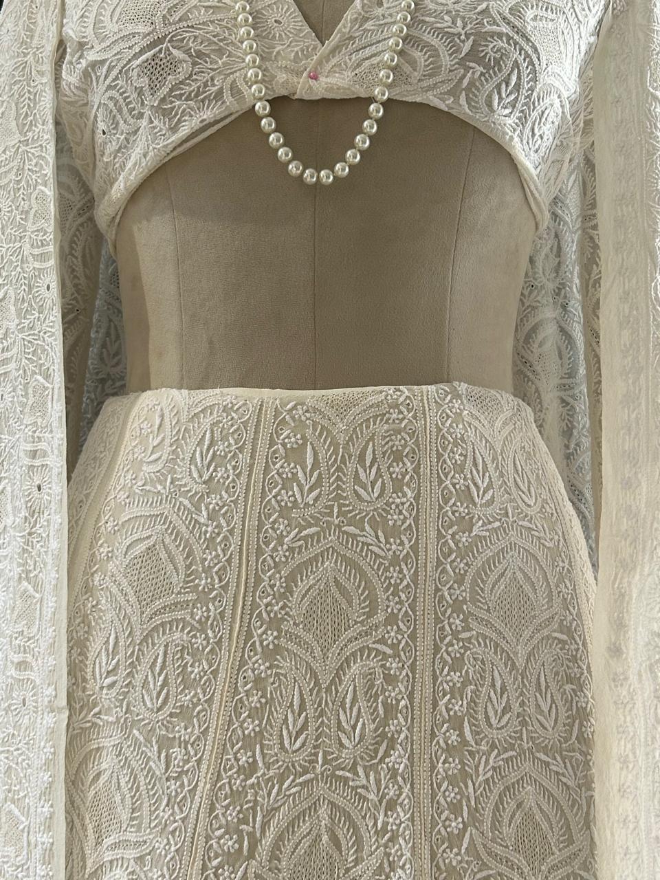 White georgette ek-taar chikankari lehenga set