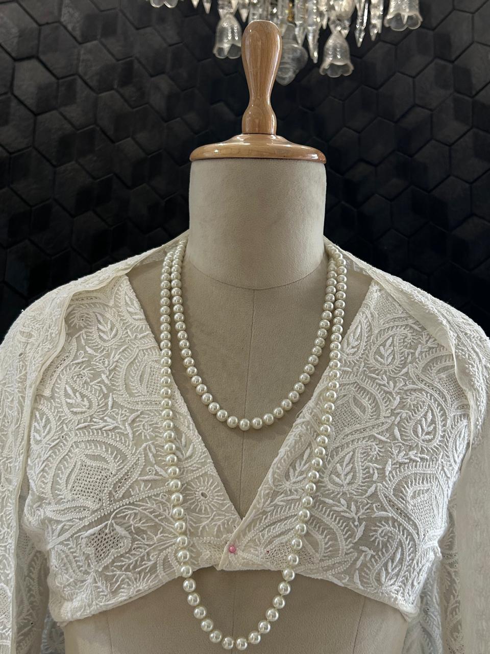 White georgette ek-taar chikankari lehenga set