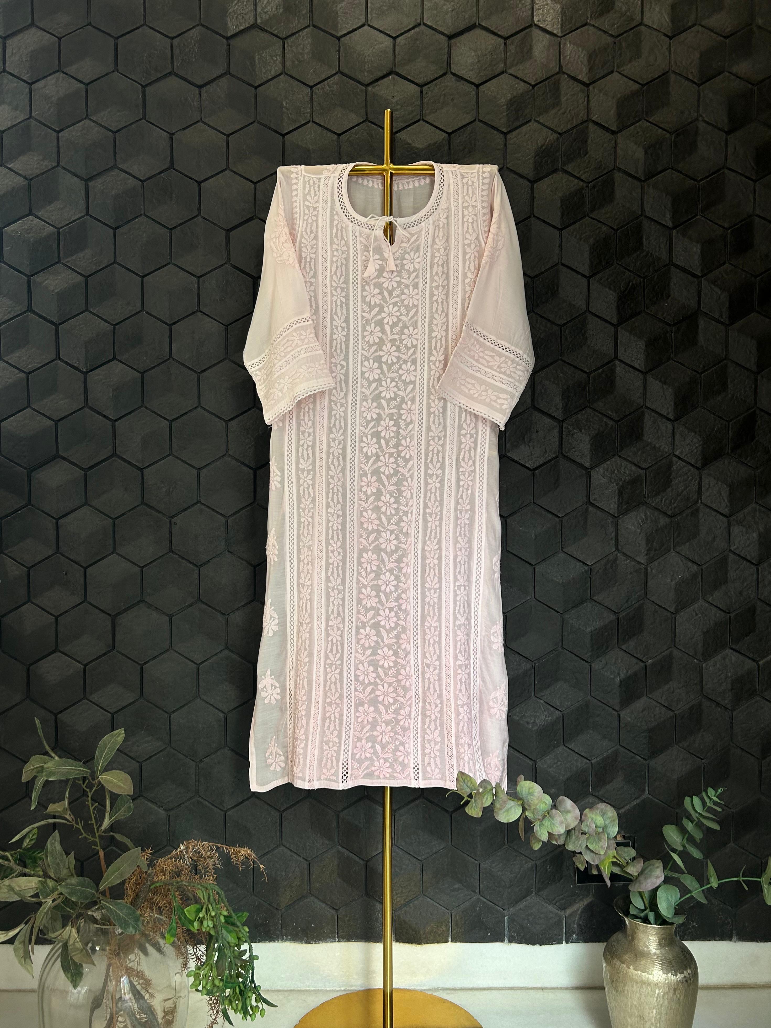 Pink mul chanderi chikankari kurti