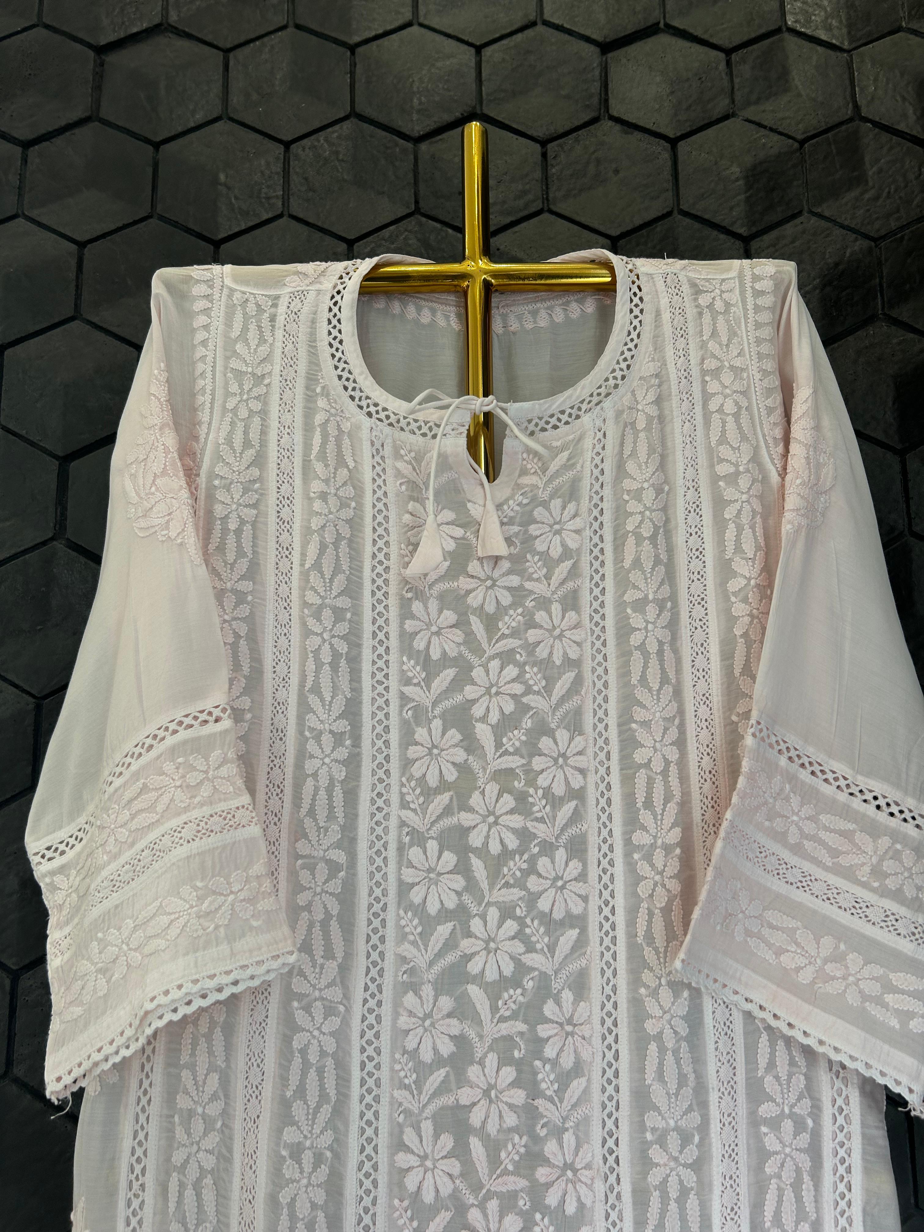 Pink mul chanderi chikankari kurti