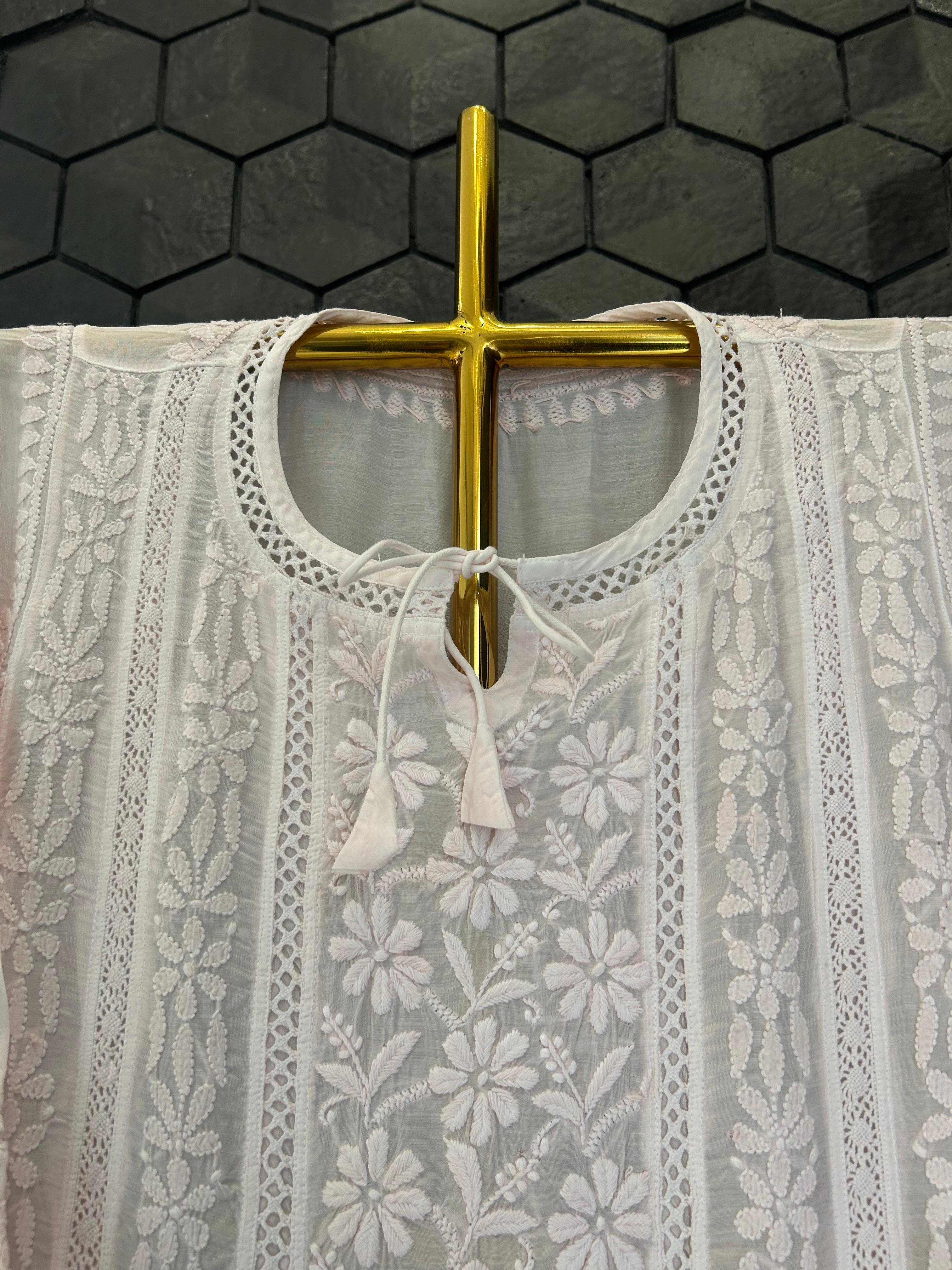 Pink mul chanderi chikankari kurti