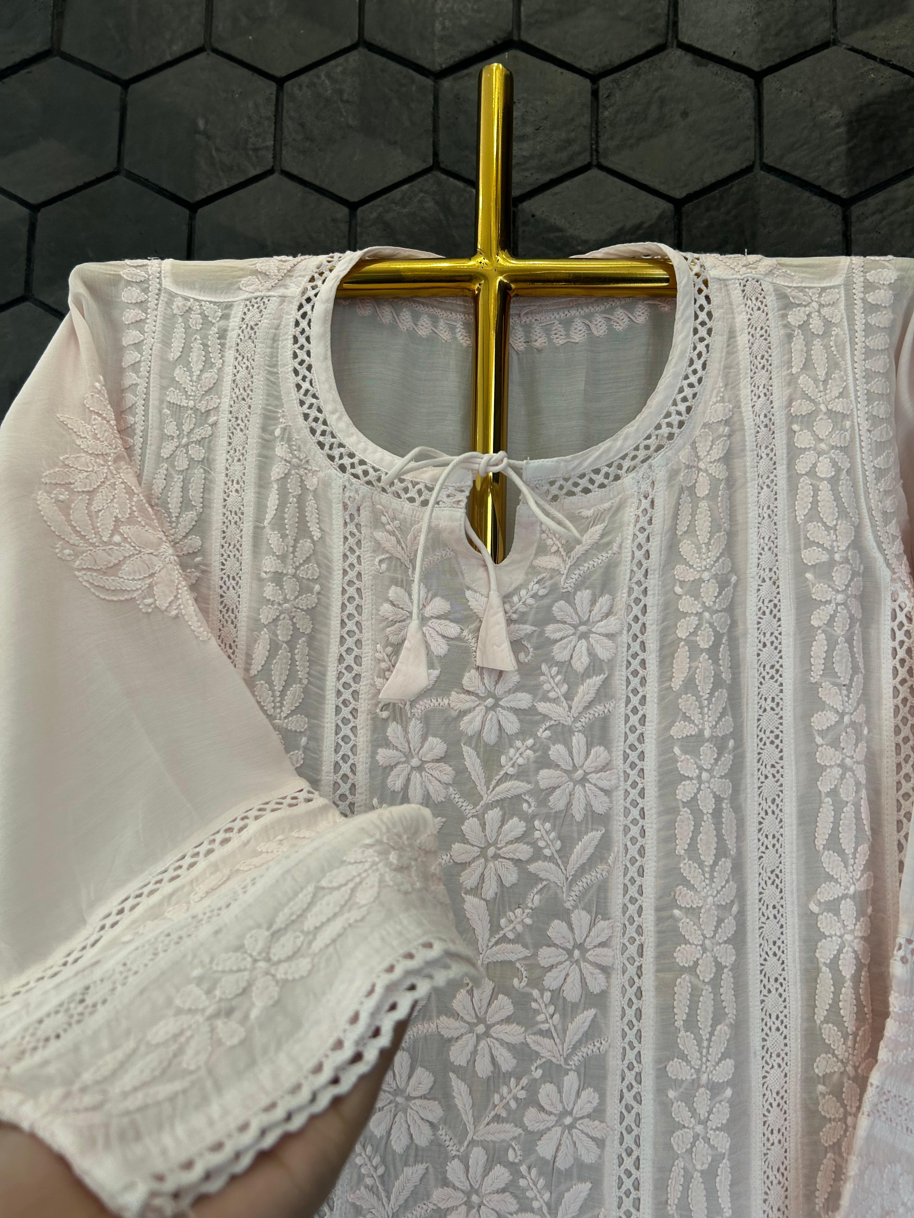 Pink mul chanderi chikankari kurti