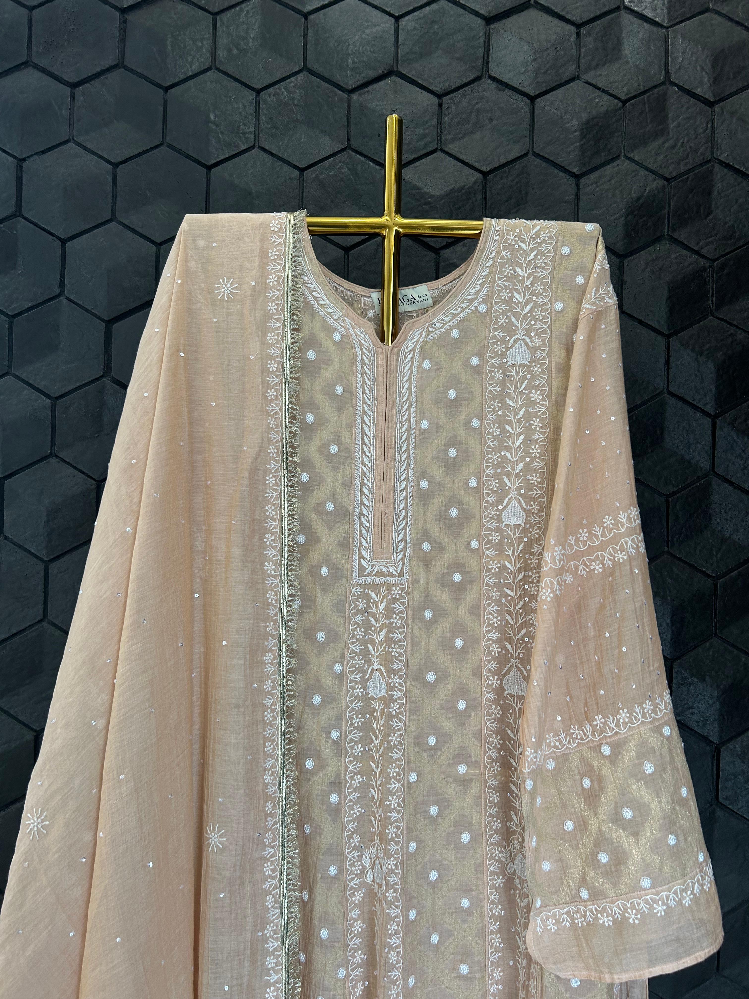 Peach tissue chikankari anarkali set