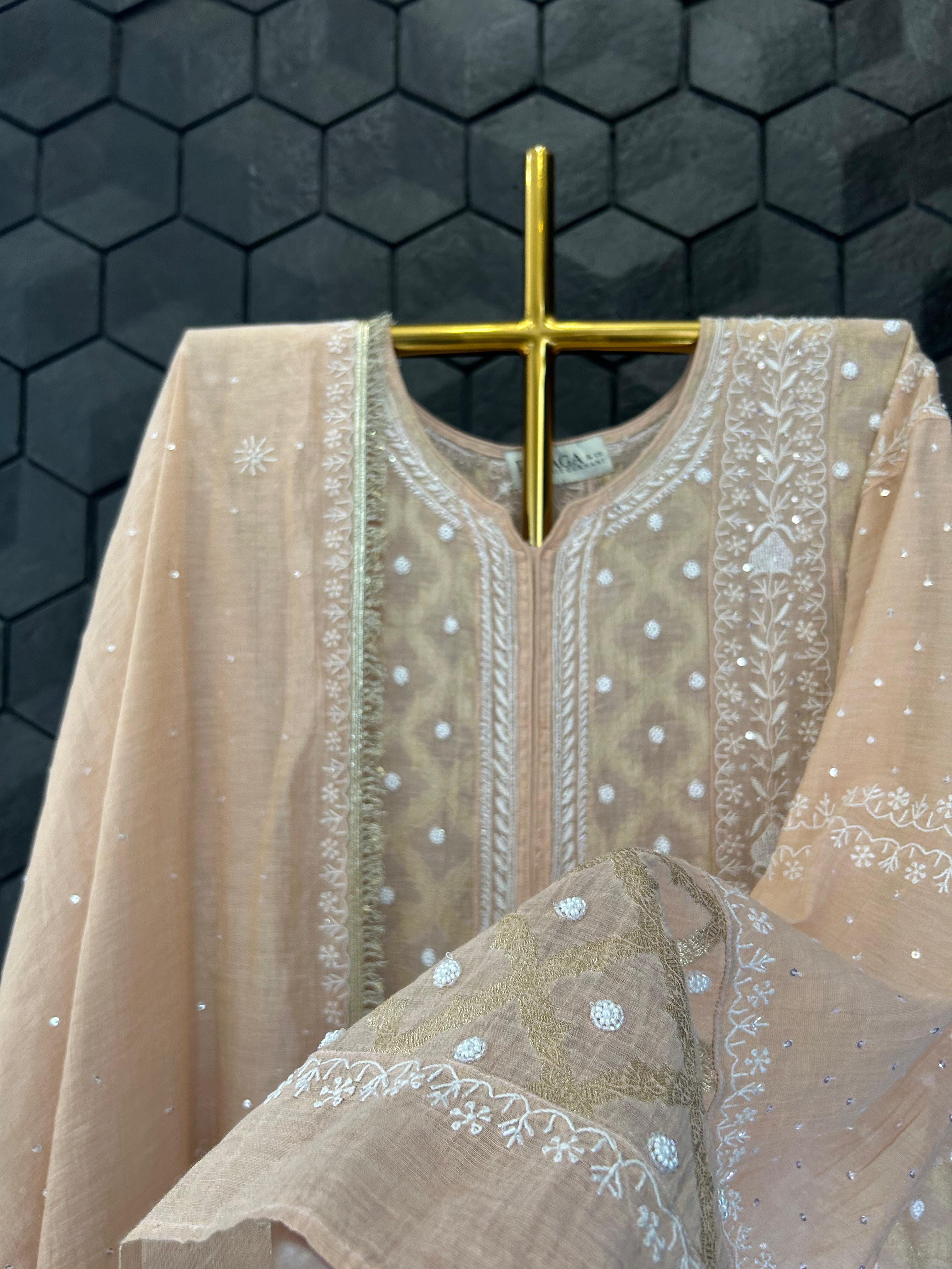Peach tissue chikankari anarkali set