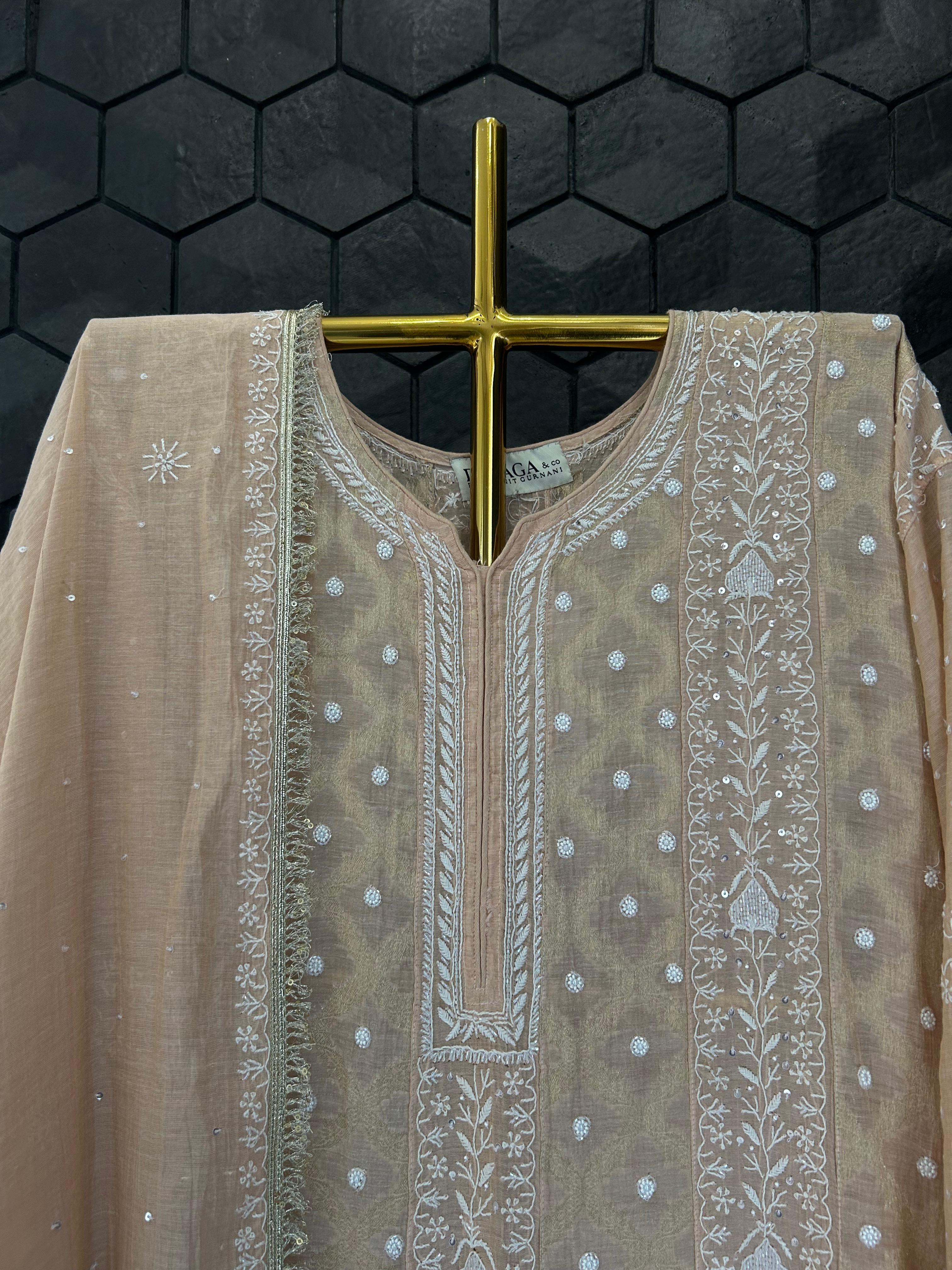 Peach tissue chikankari anarkali set