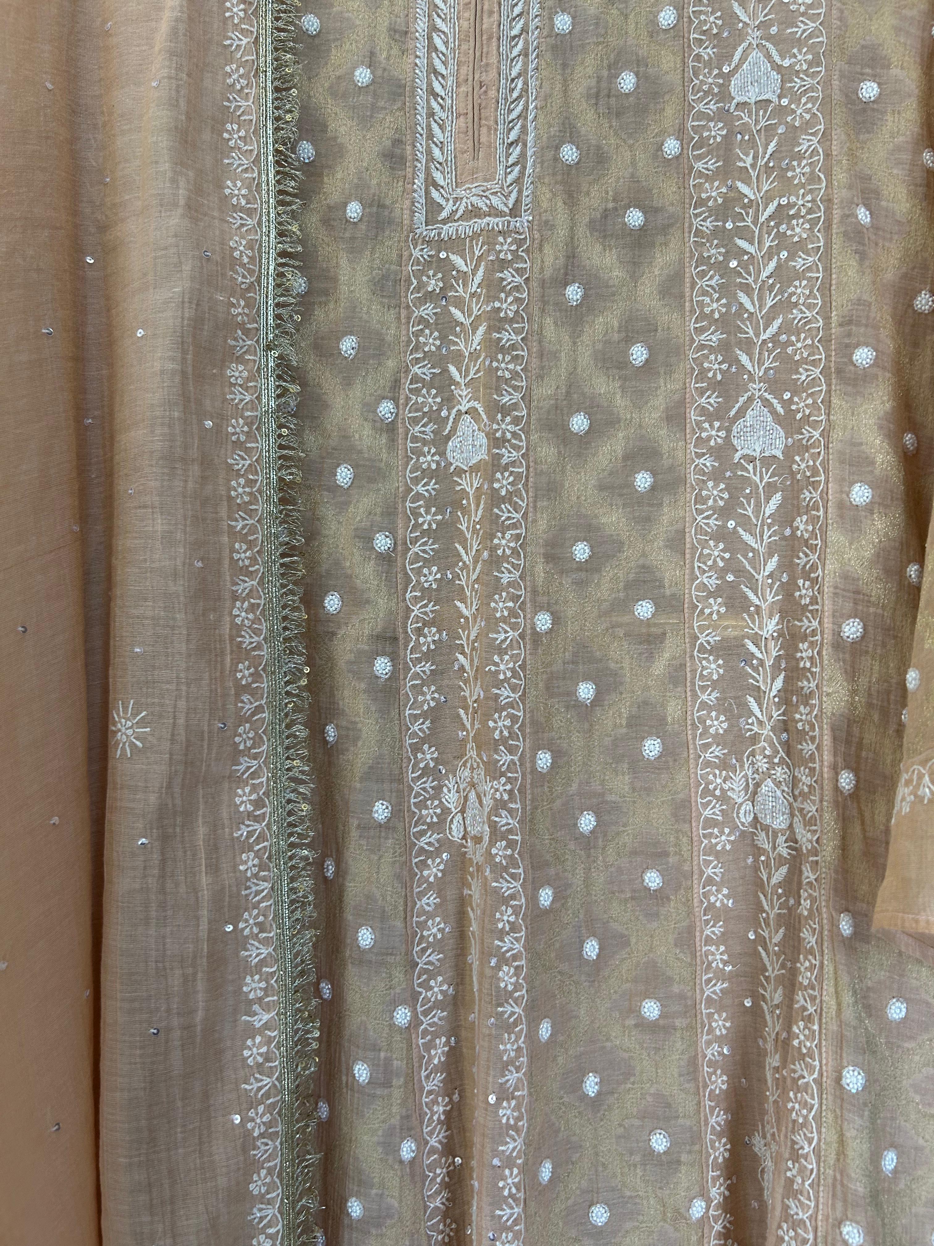 Peach tissue chikankari anarkali set