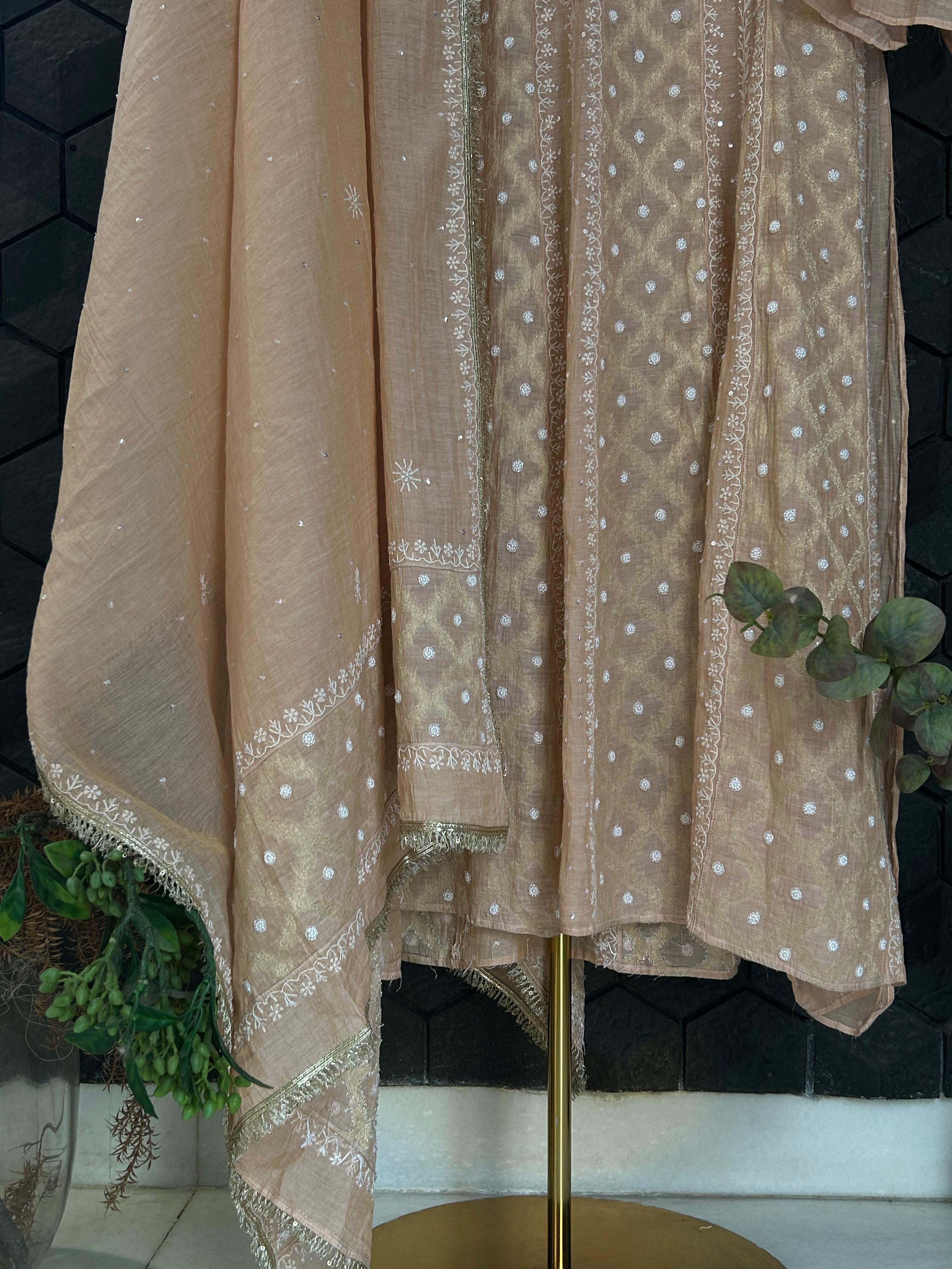 Peach tissue chikankari anarkali set