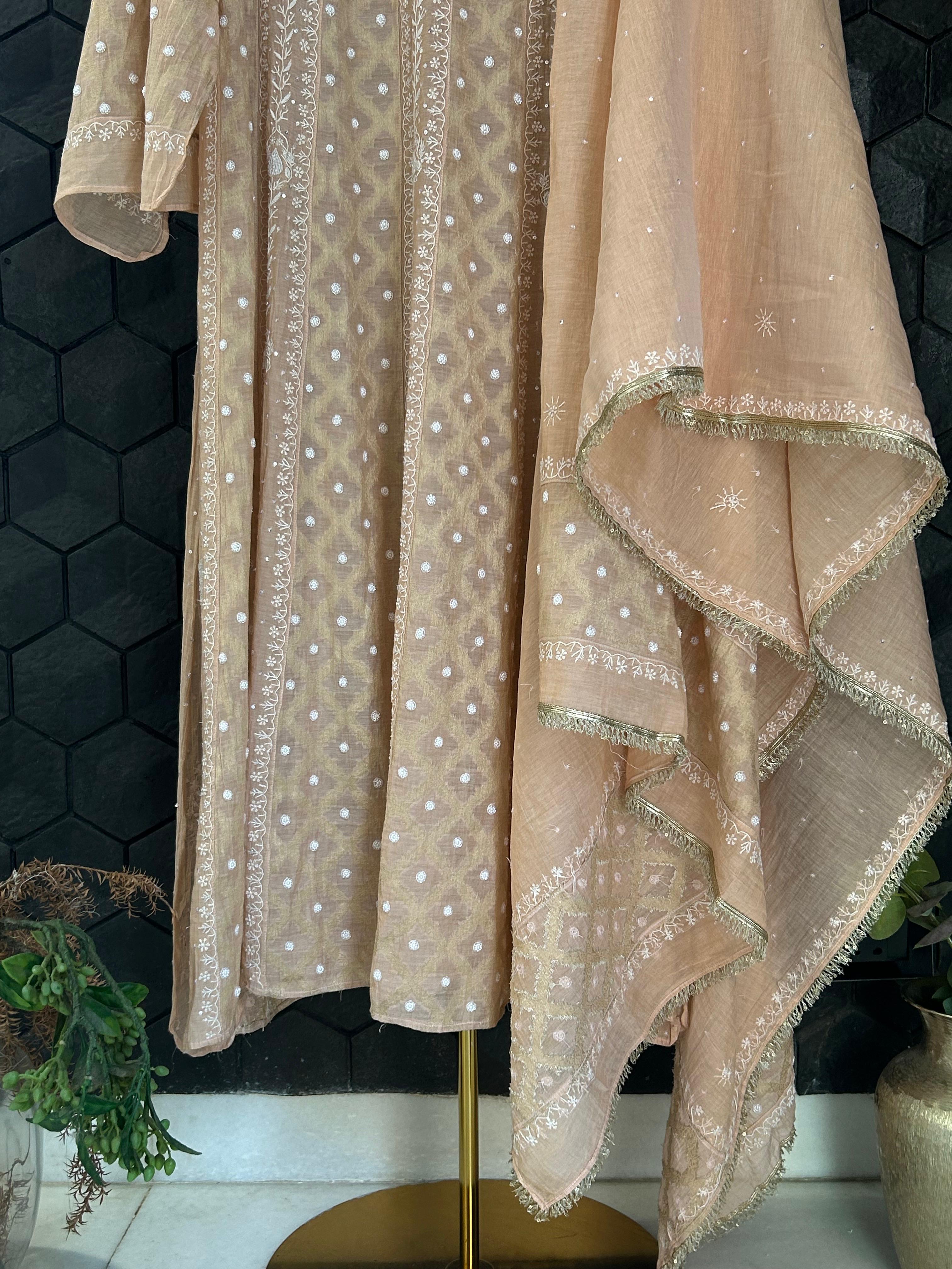 Peach tissue chikankari anarkali set