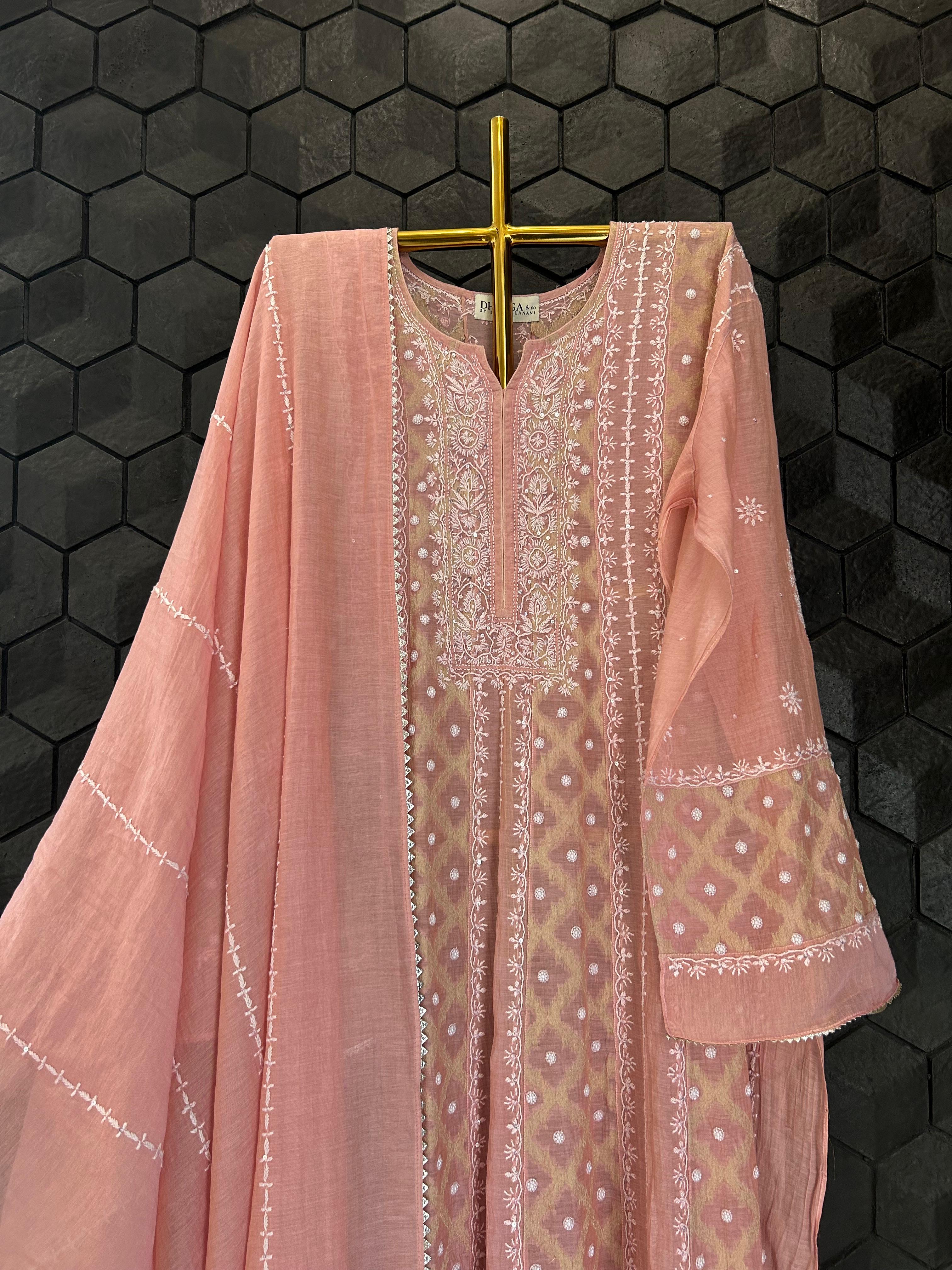Pink tissue chikankari anarkali set