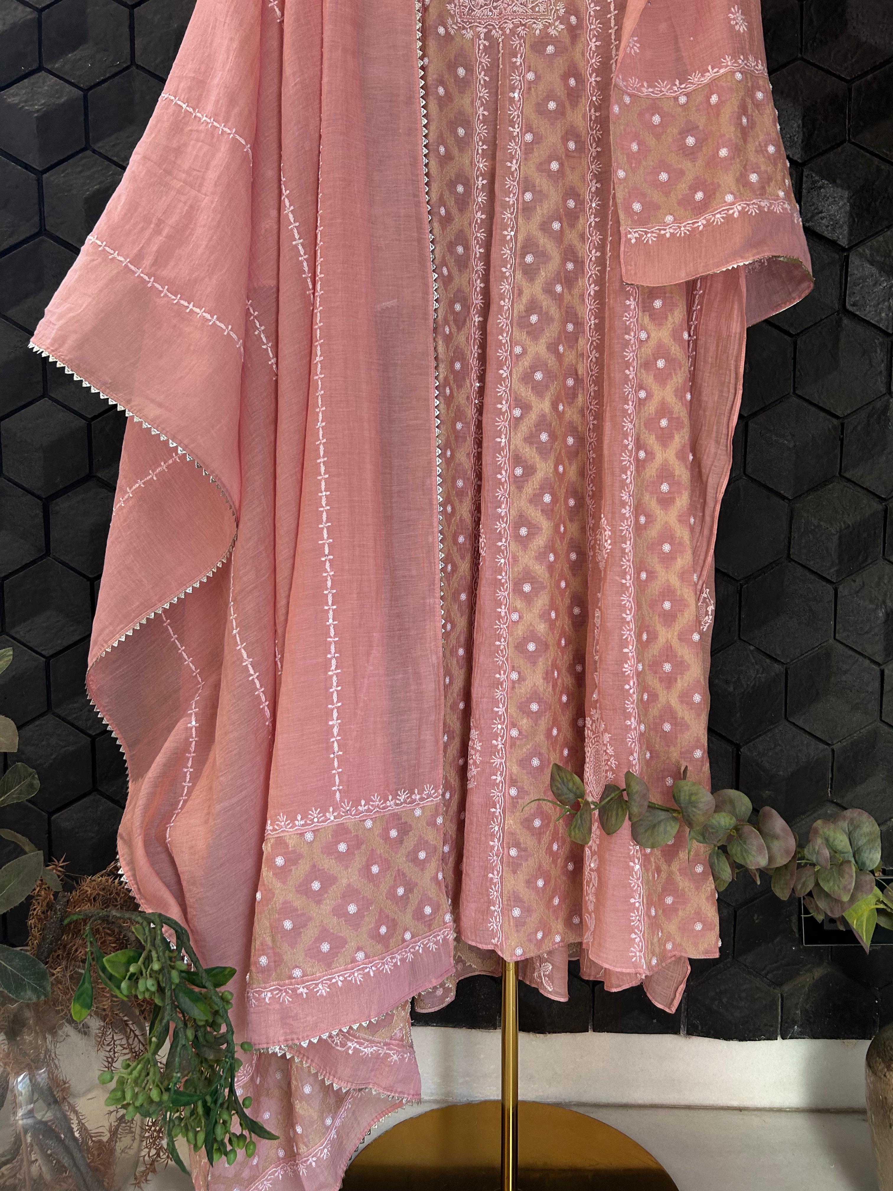 Pink tissue chikankari anarkali set
