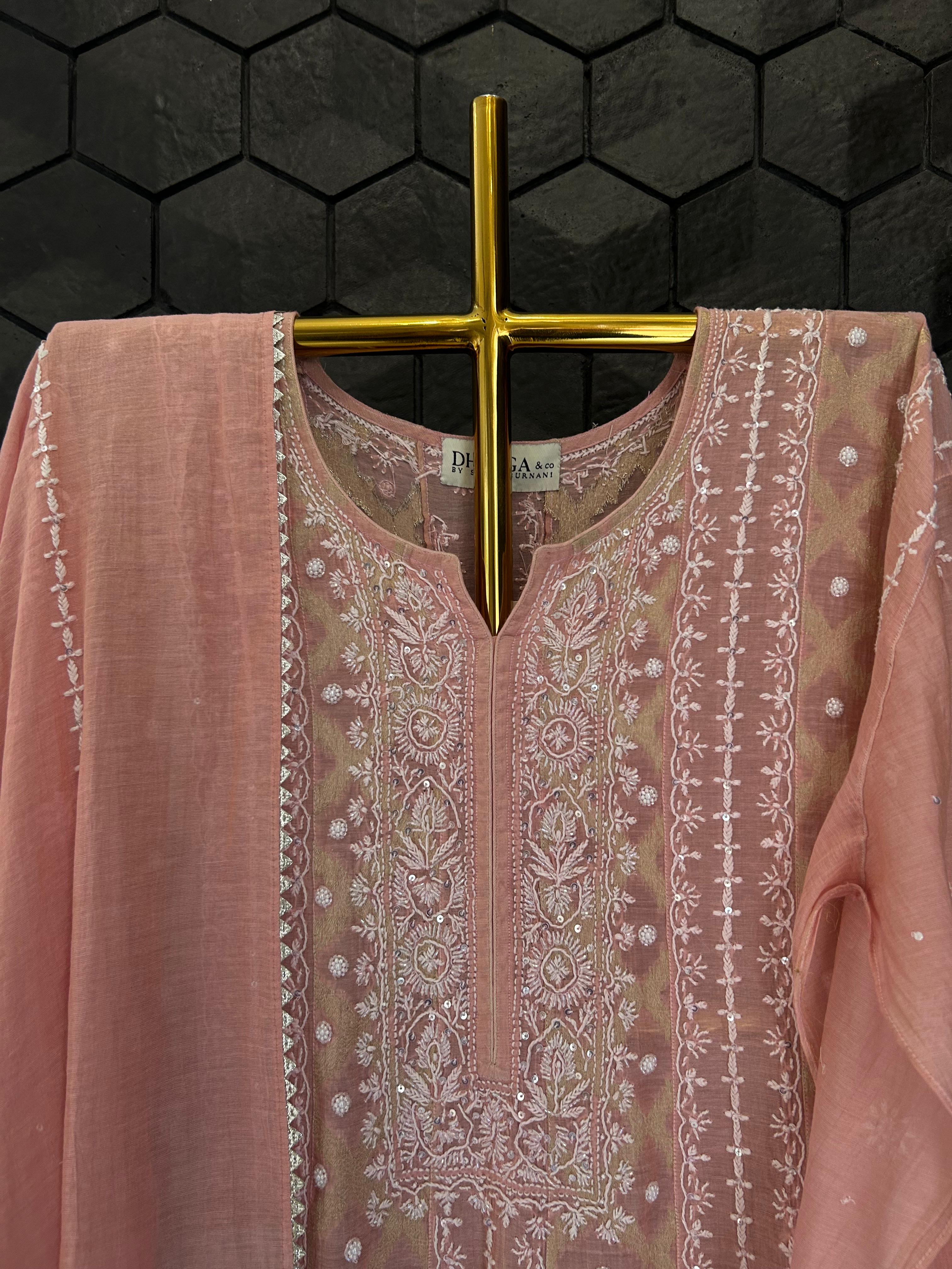 Pink tissue chikankari anarkali set