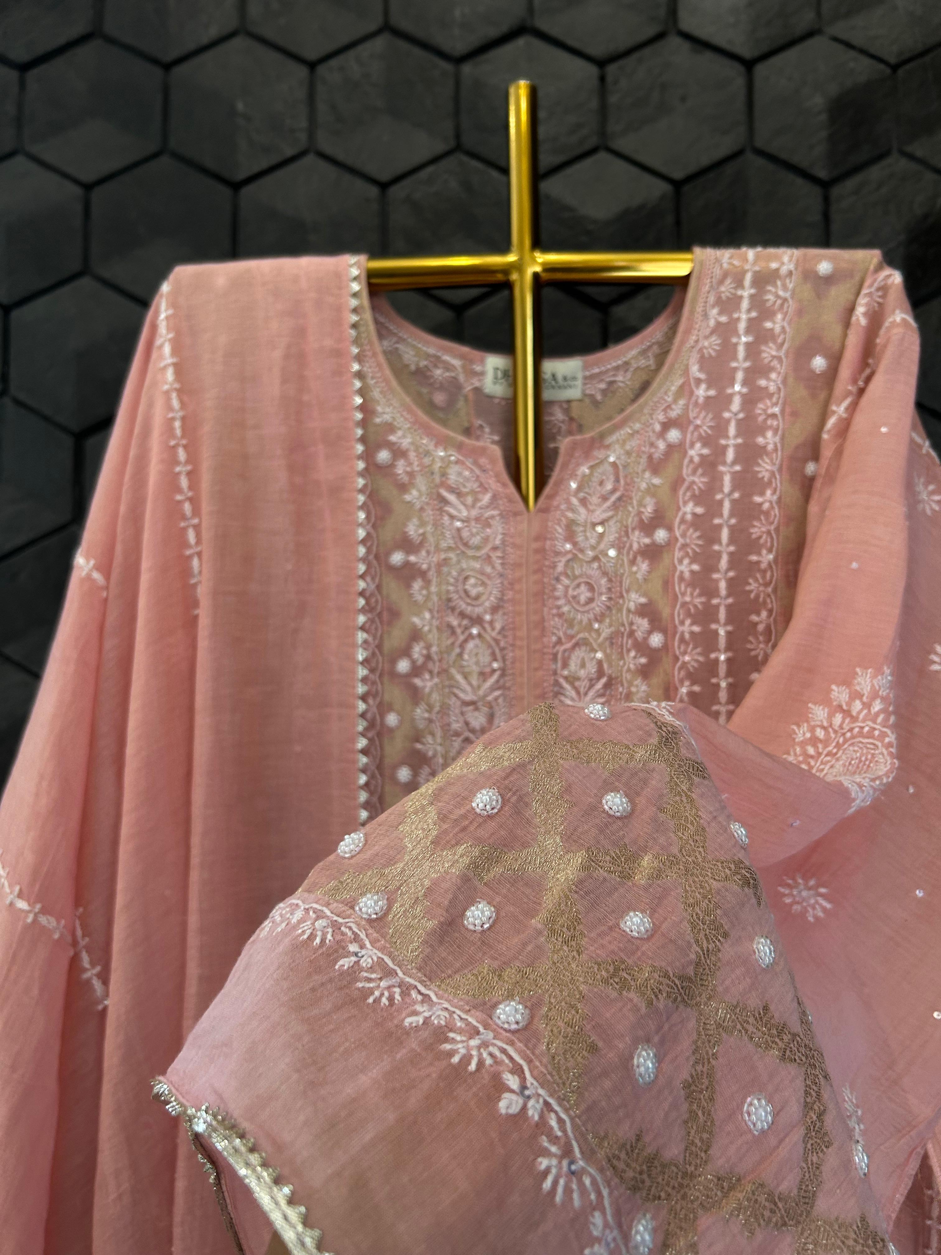 Pink tissue chikankari anarkali set
