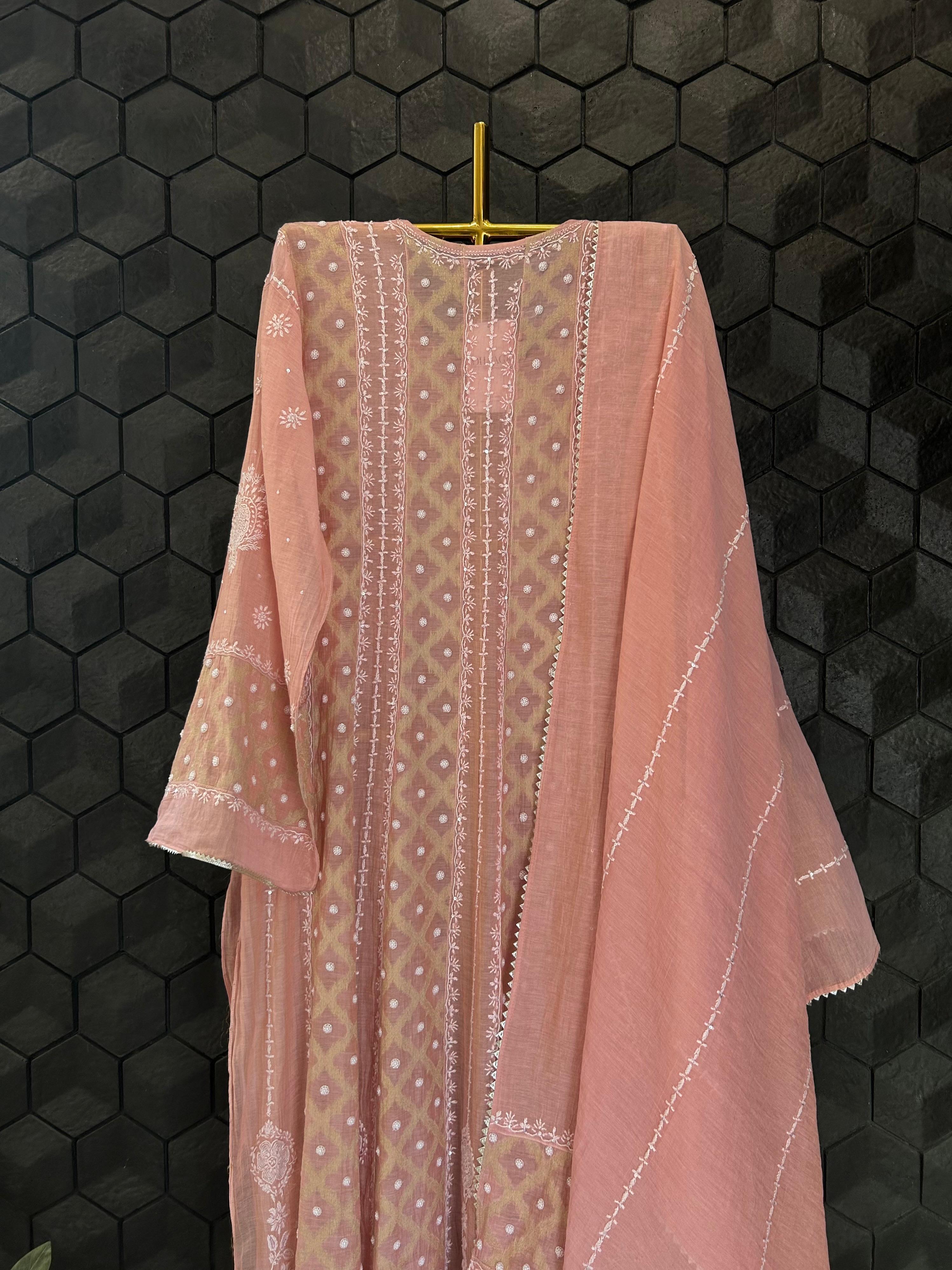Pink tissue chikankari anarkali set