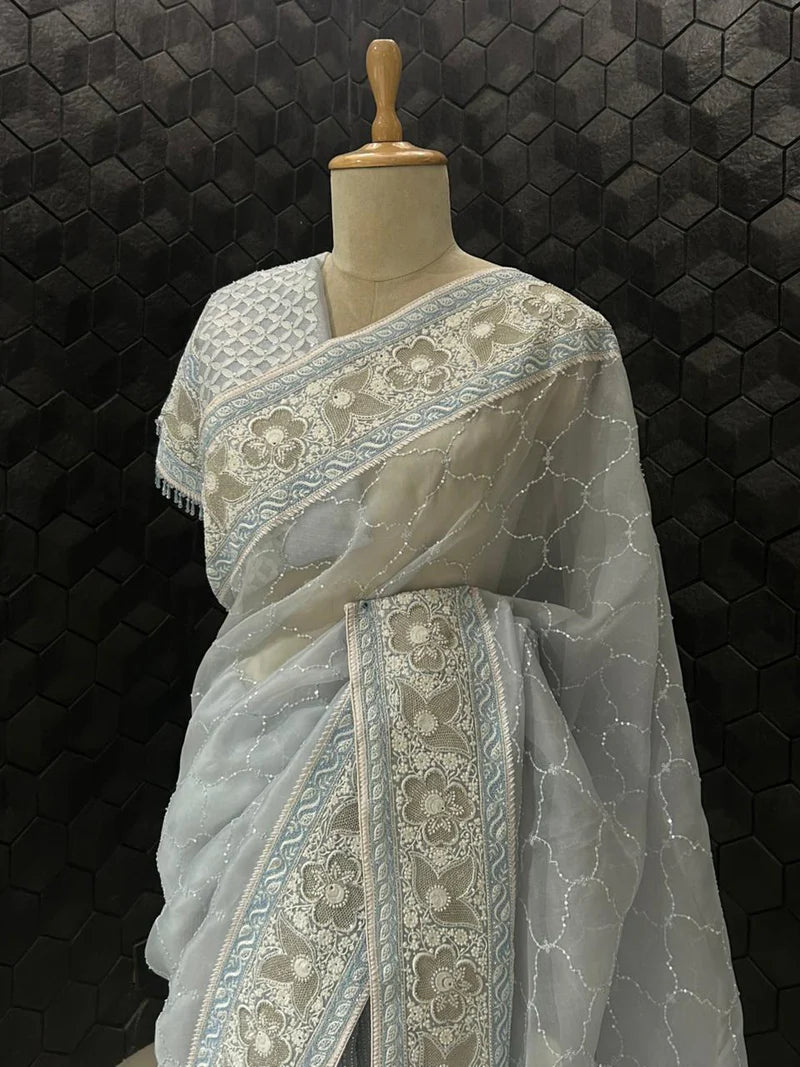 Dariya Saree - Blue Organza Chikankari Saree