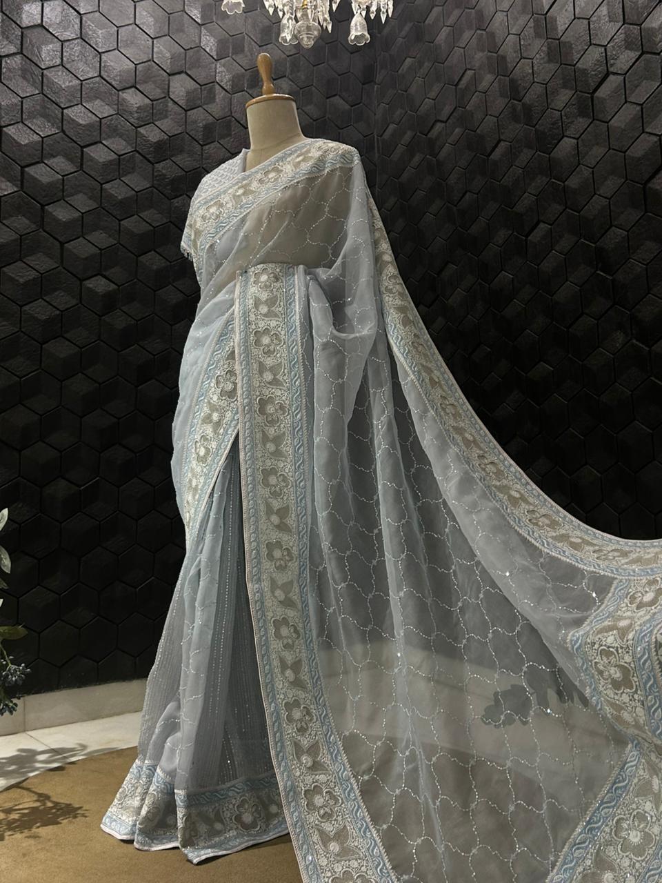 Blue Organza Chikankari saree