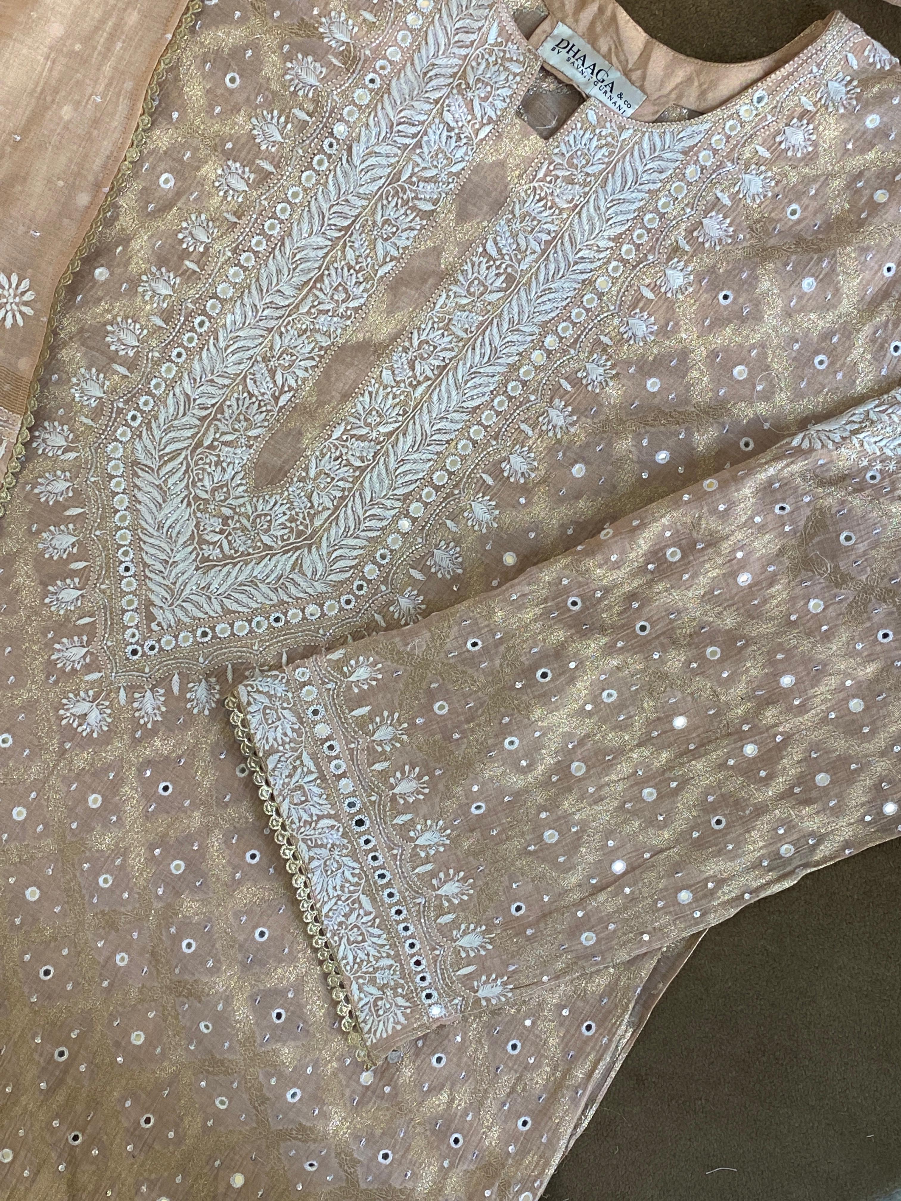 Peach Tissue Chikankari Kurta Set