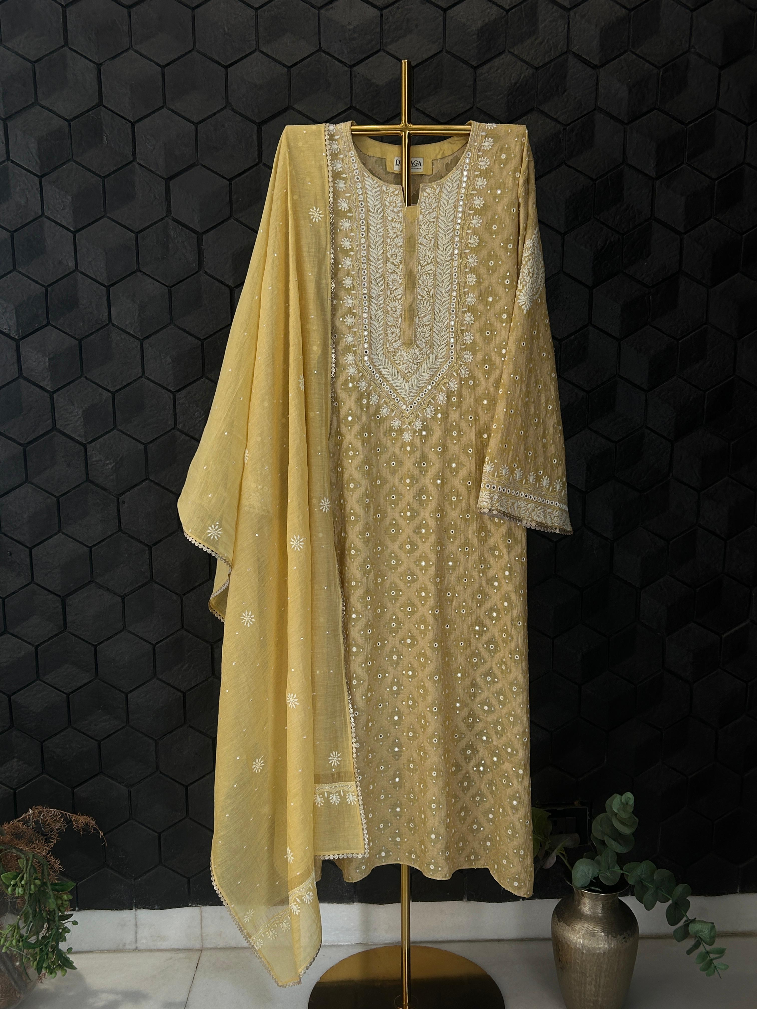 Yellow Tissue Chikankari Kurta Set