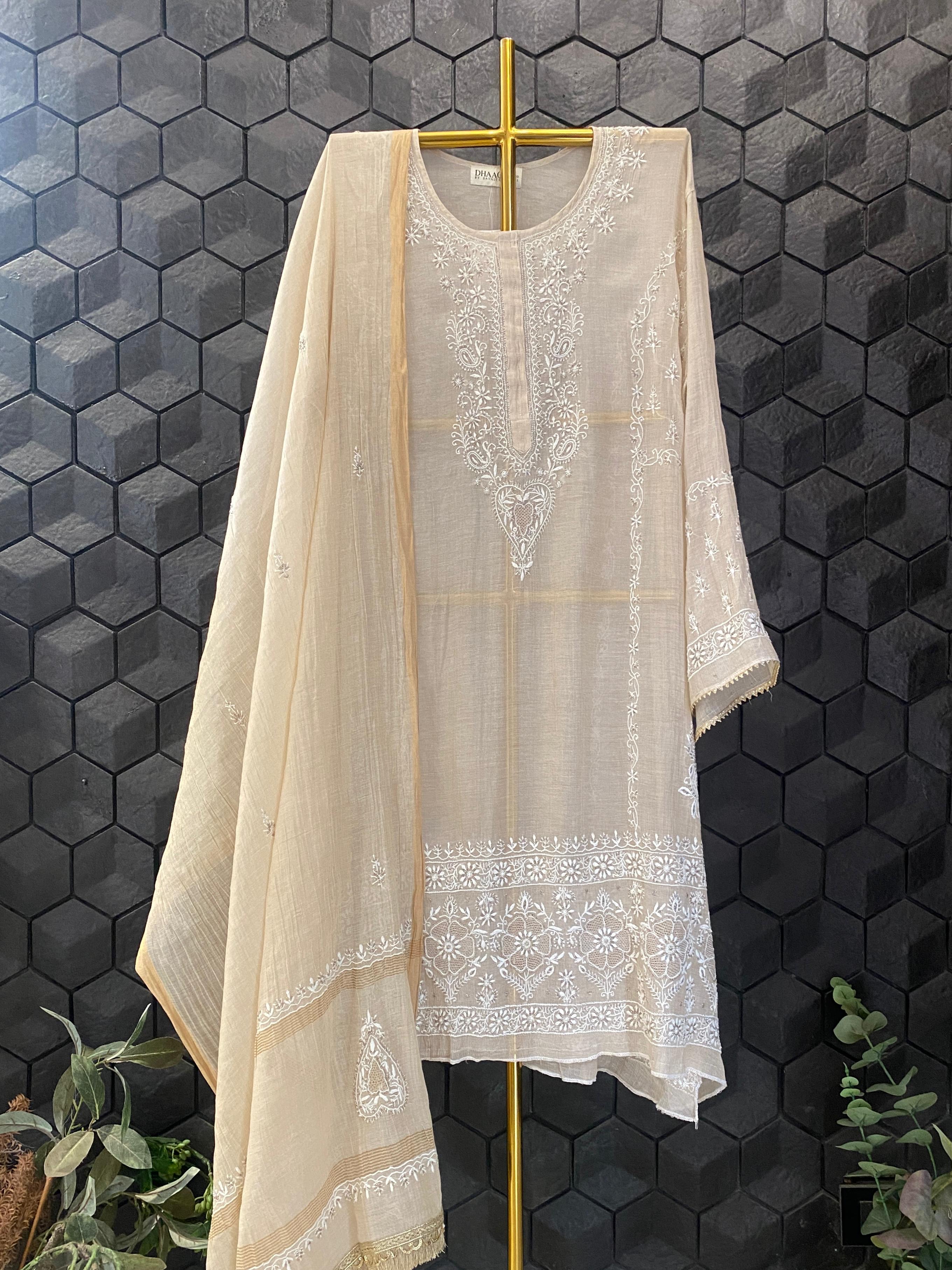 Beige Zari Tissue Chikankari Kurta Set