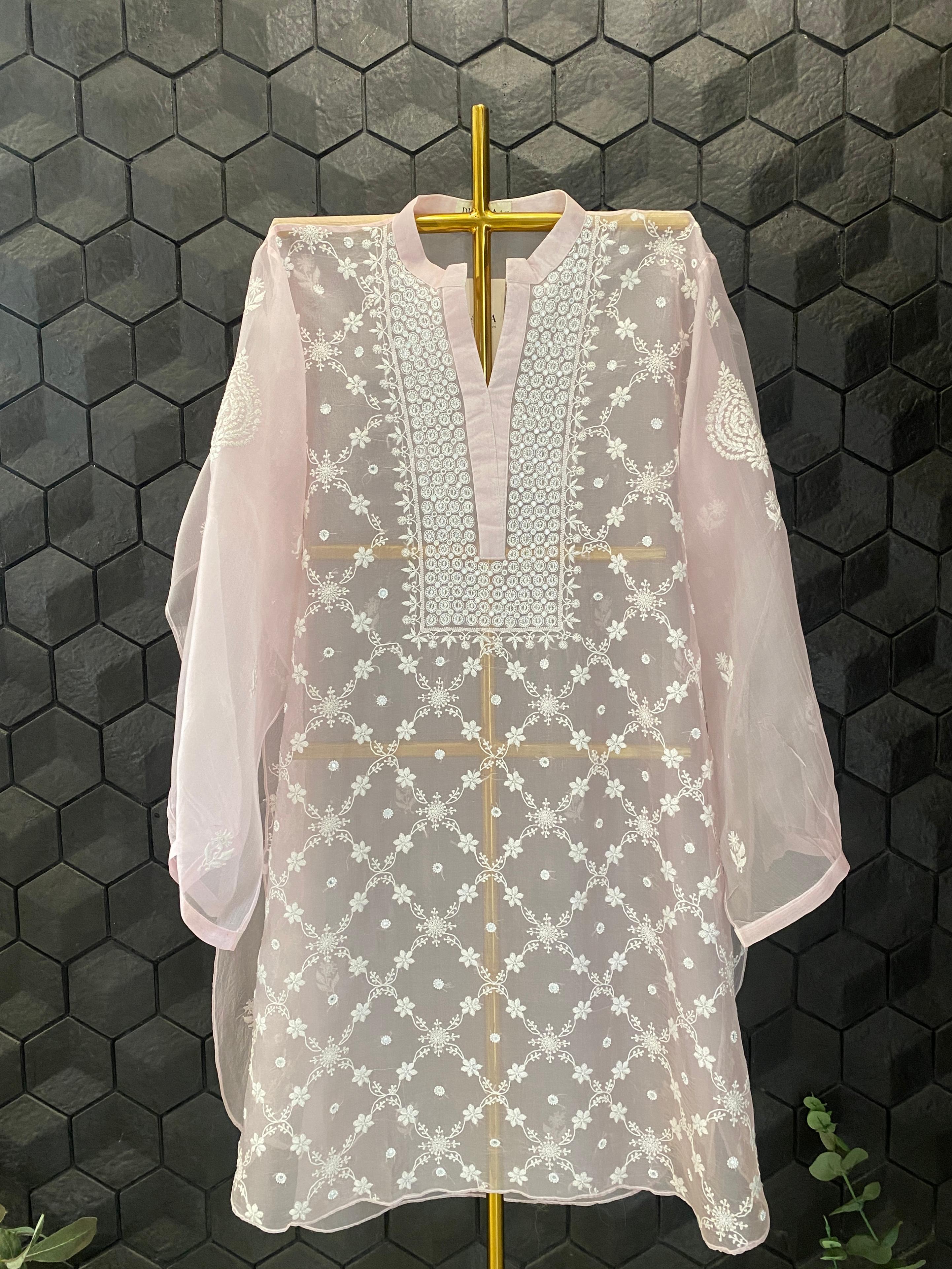 Pink Organza Chikankari Co-ord Set