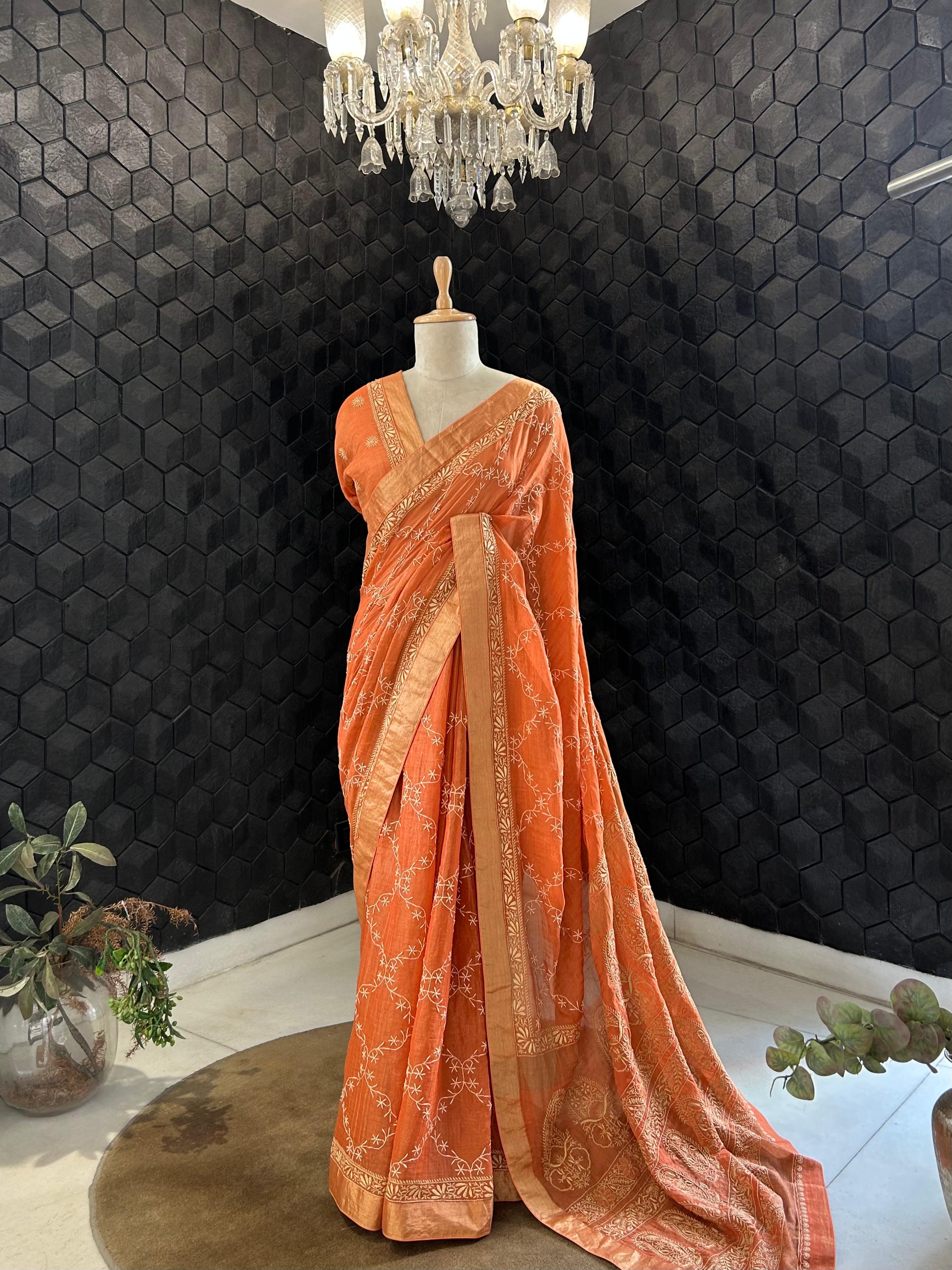 Rust orange tissue chikankari saree