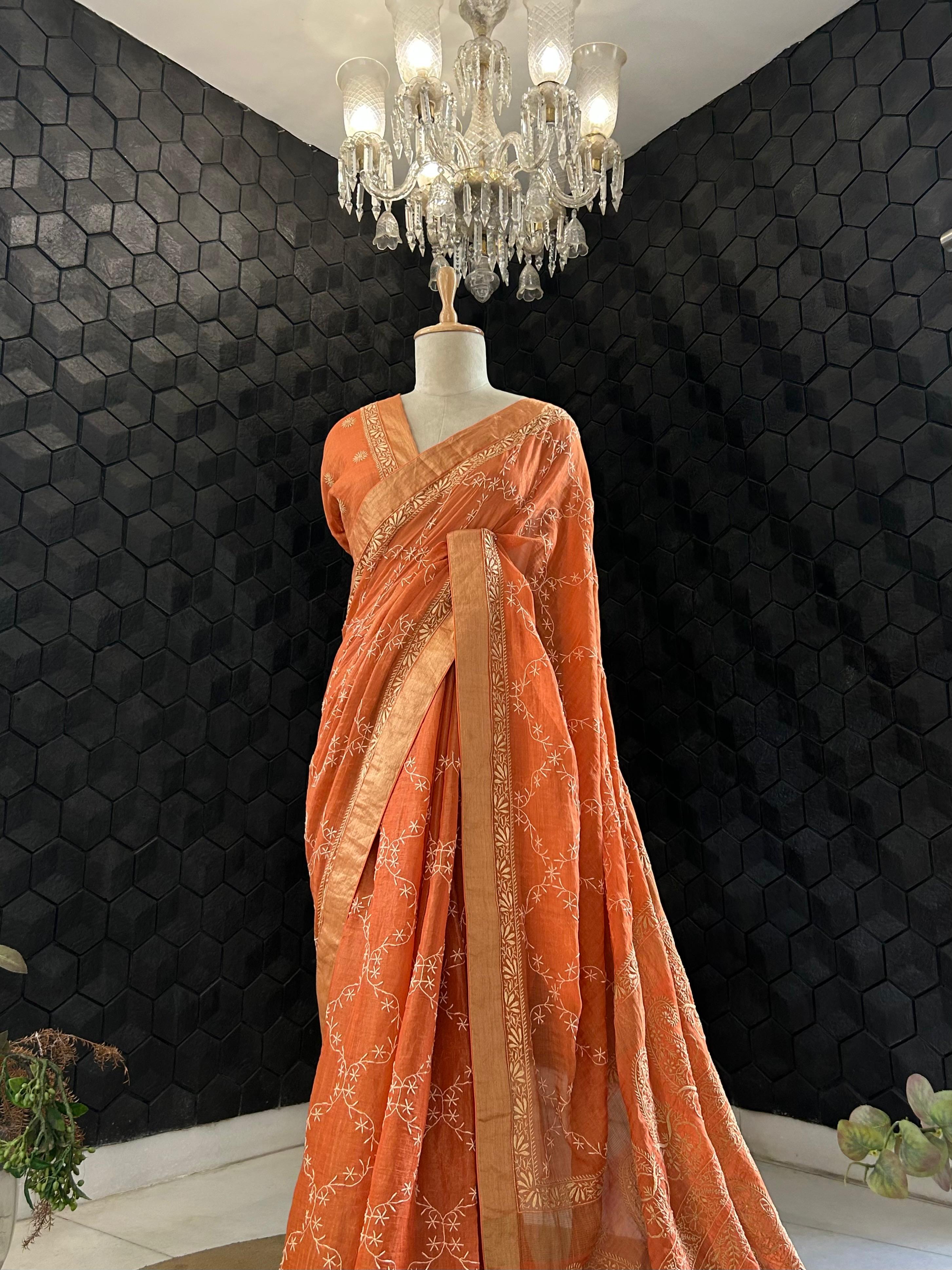 Rust orange tissue chikankari saree