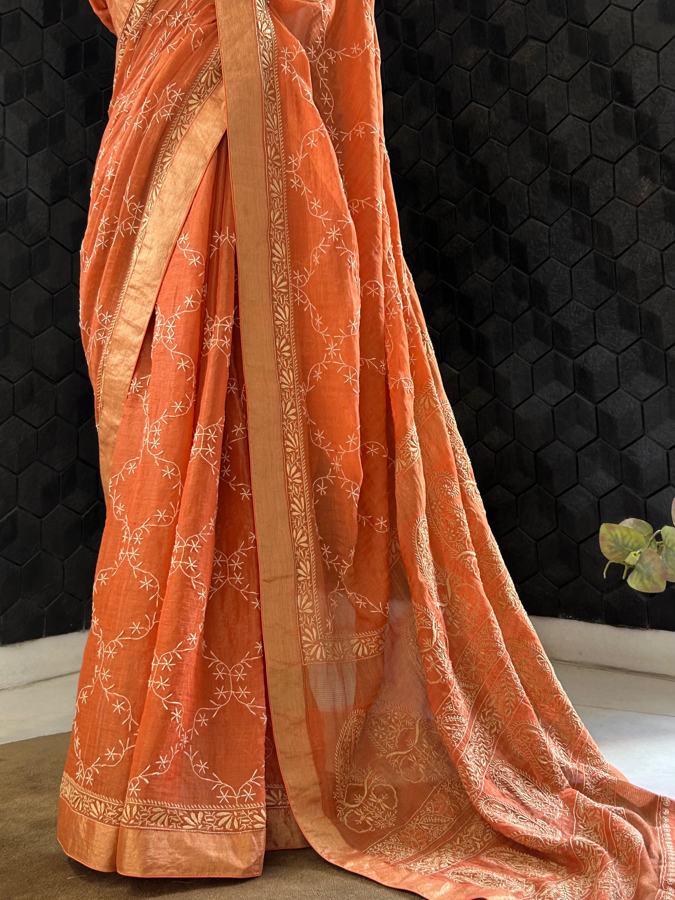 Rust orange tissue chikankari saree