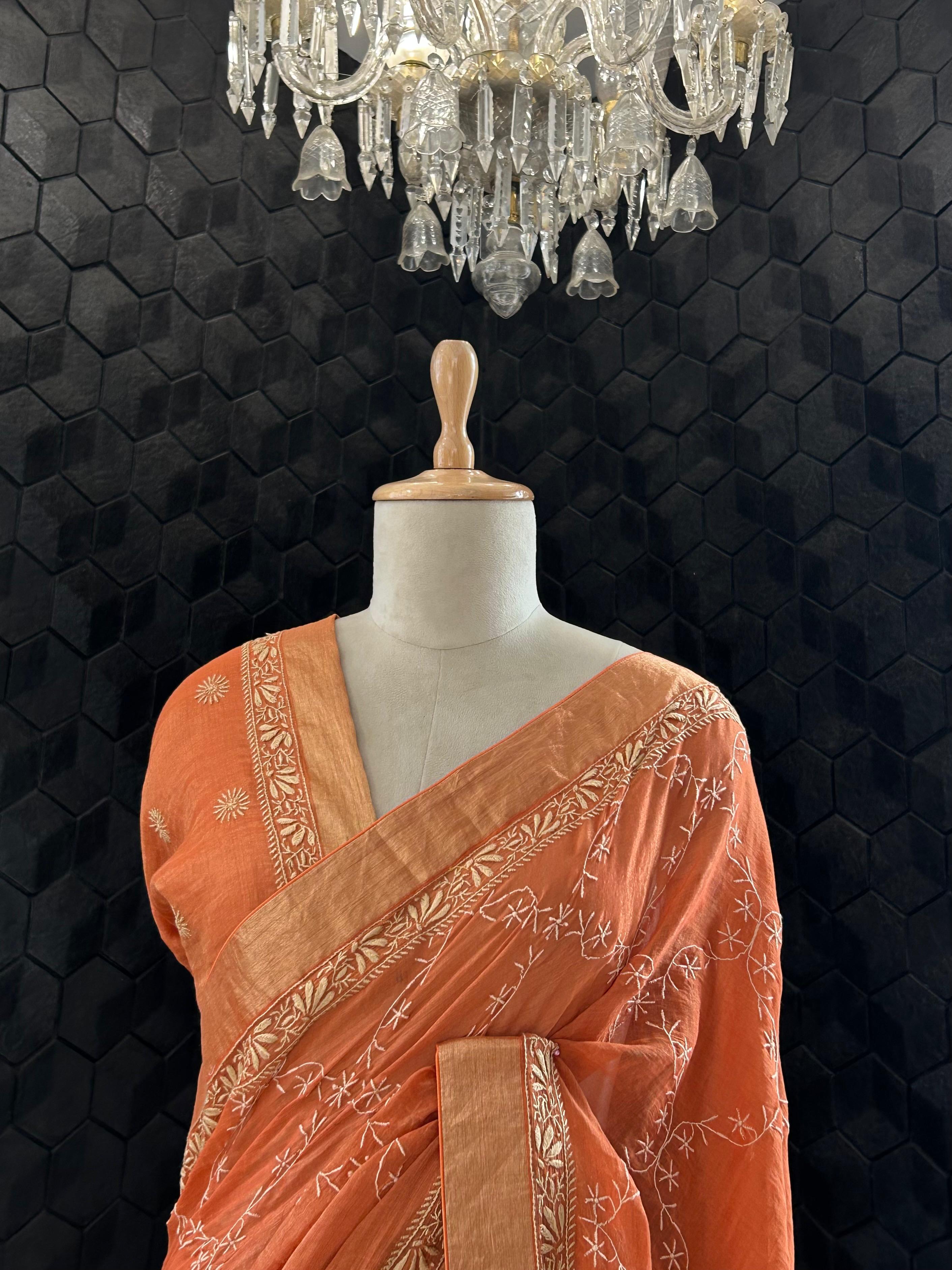 Rust orange tissue chikankari saree