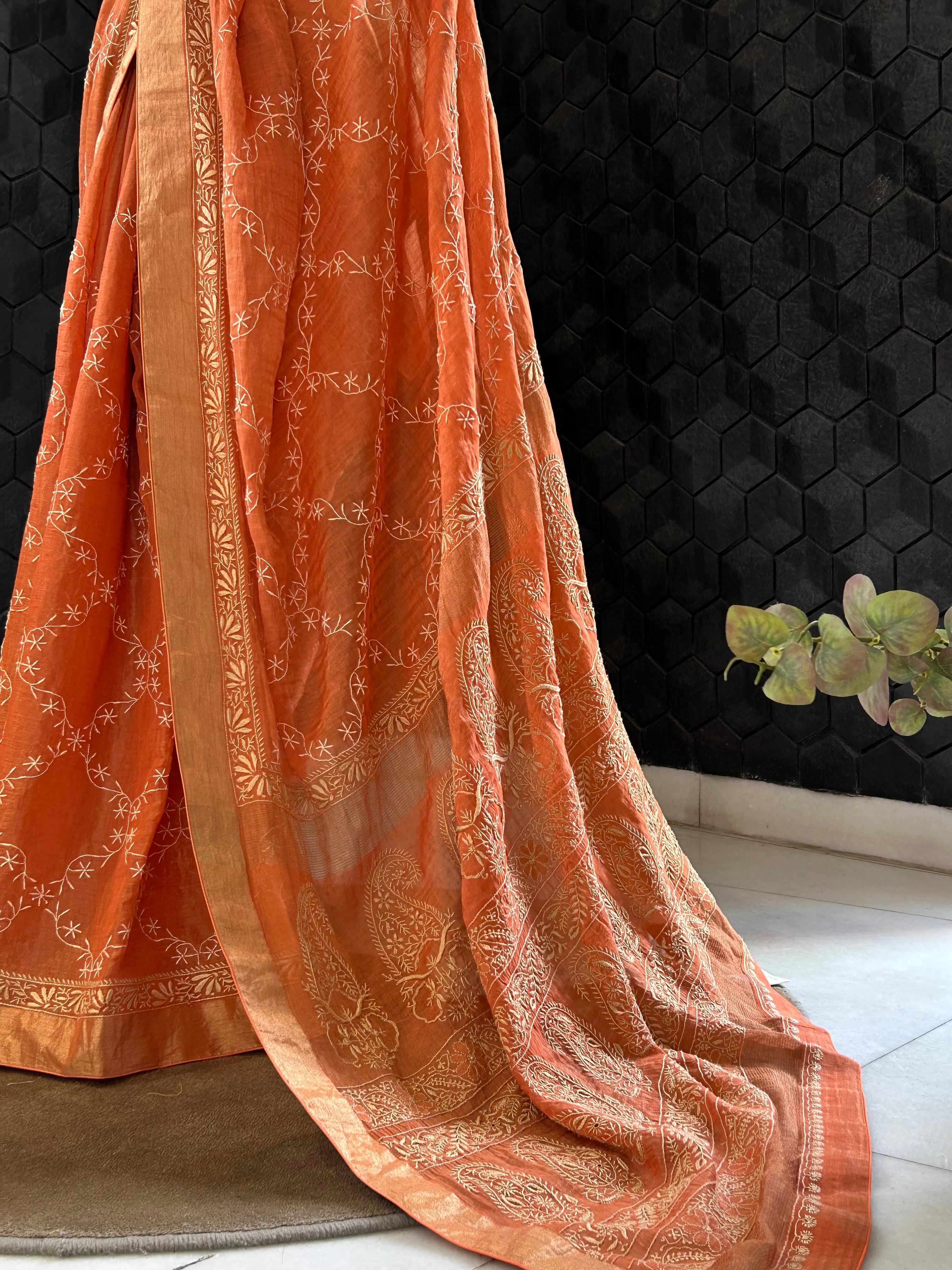 Rust orange tissue chikankari saree