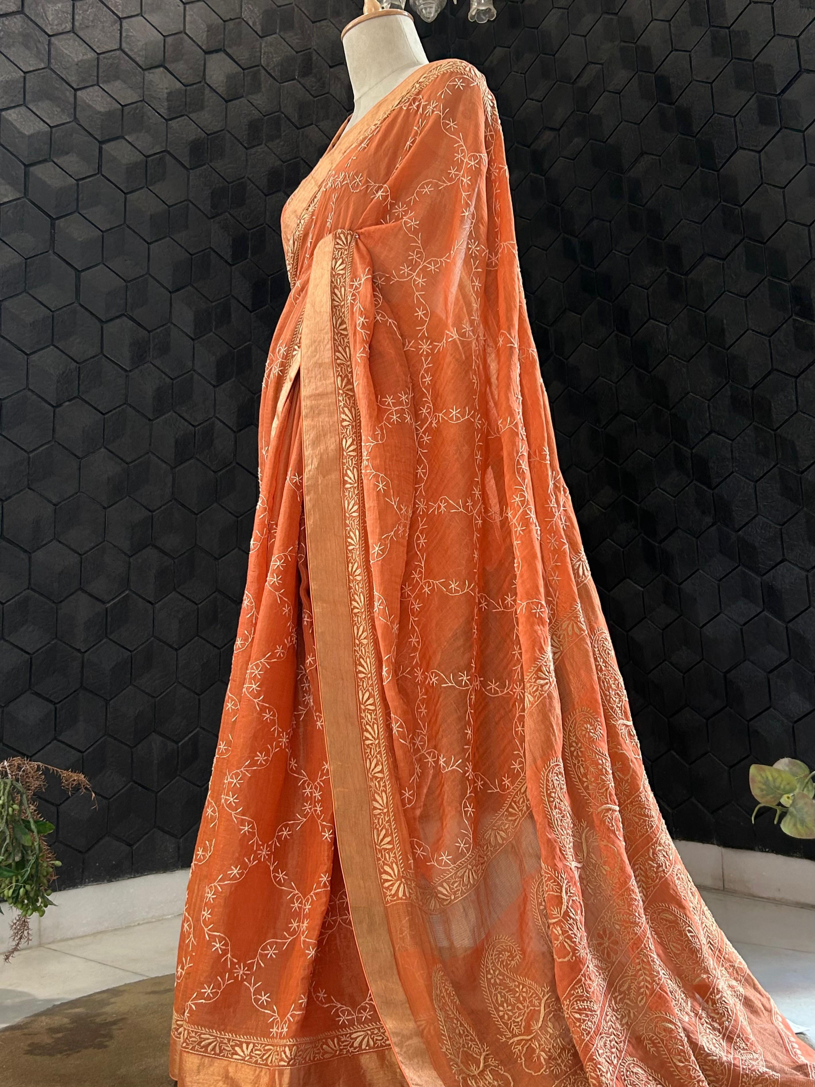 Rust orange tissue chikankari saree