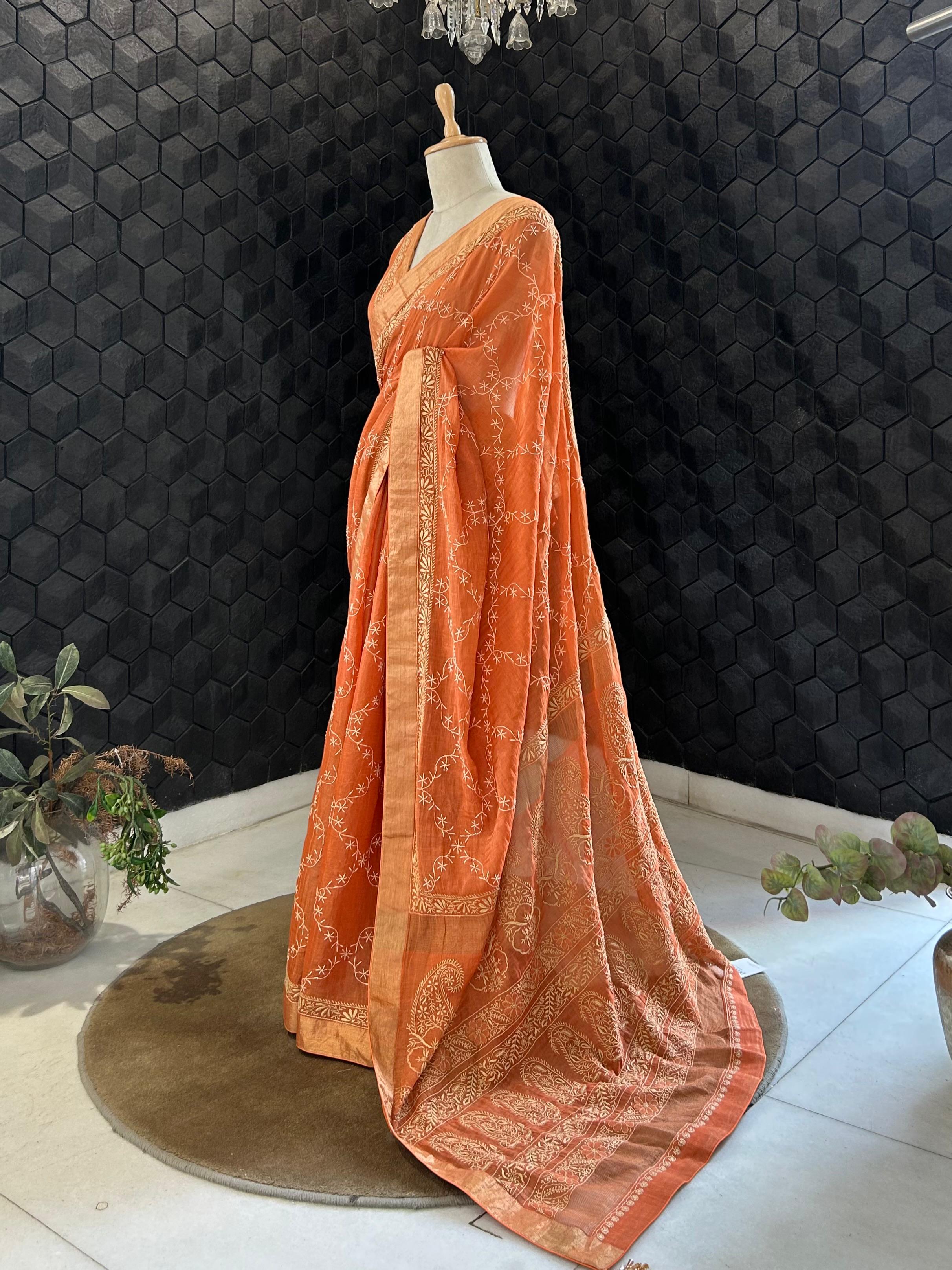 Rust orange tissue chikankari saree