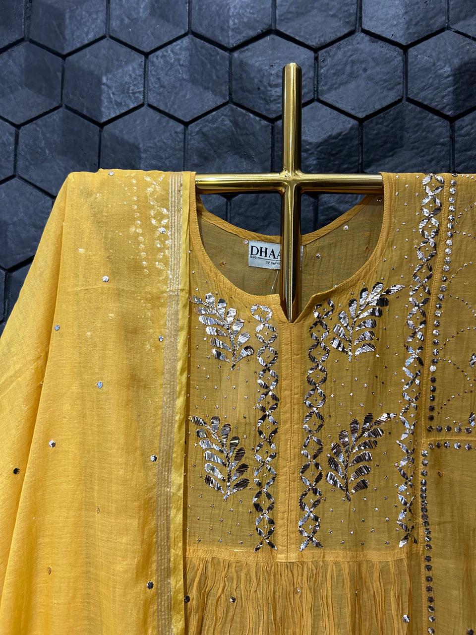 Amber mustard mul chanderi mukaish kurta set