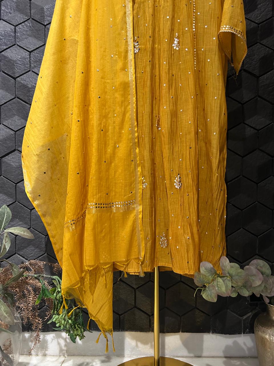 Amber mustard mul chanderi mukaish kurta set