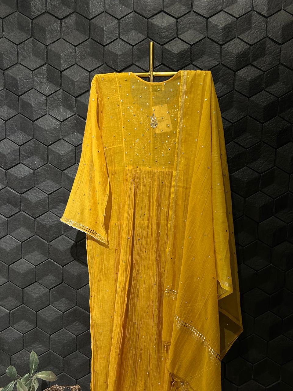 Amber mustard mul chanderi mukaish kurta set