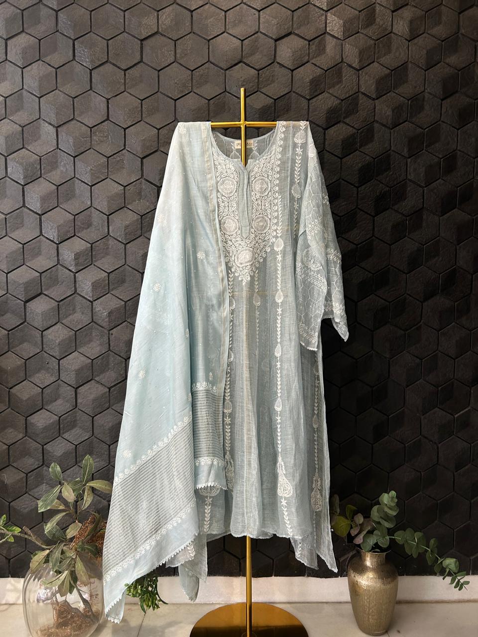 Blue tissue chikankari anarkali set