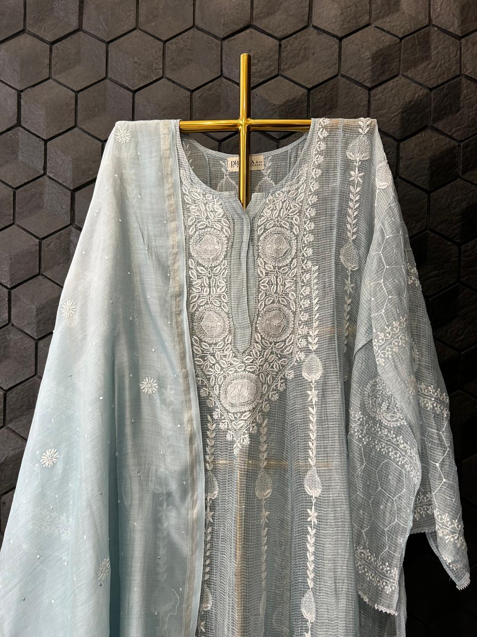 Blue tissue chikankari anarkali set