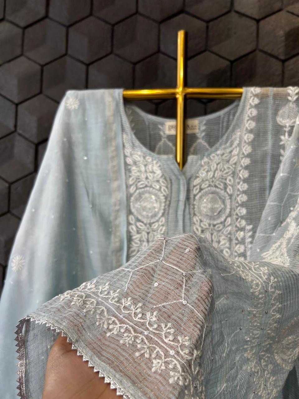 Blue tissue chikankari anarkali set