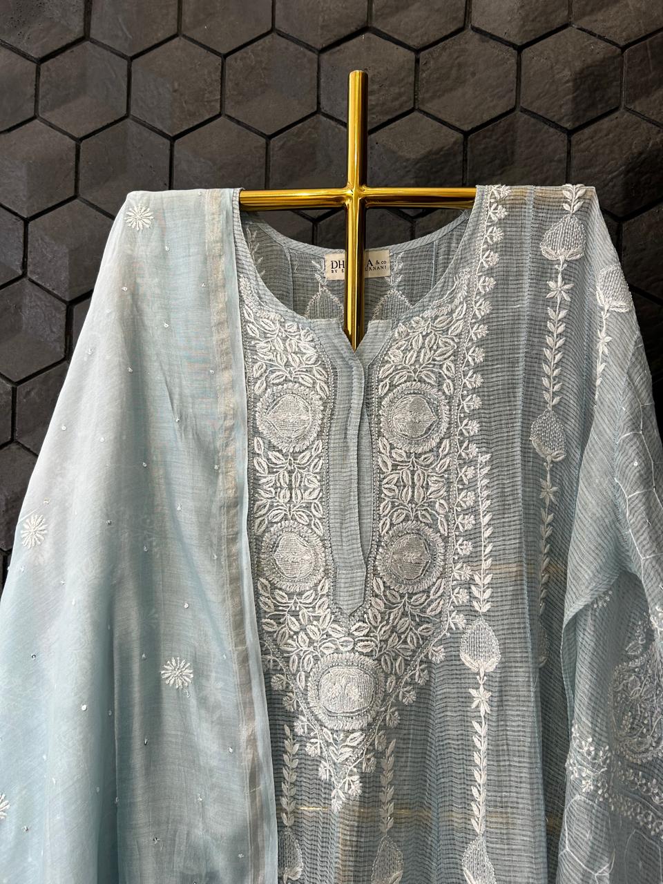 Blue tissue chikankari anarkali set