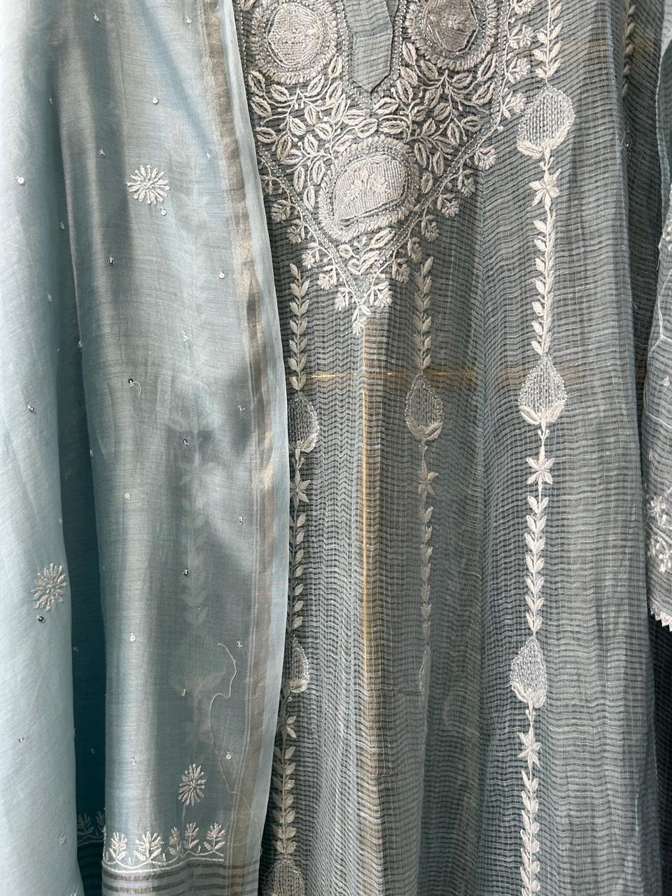 Blue tissue chikankari anarkali set